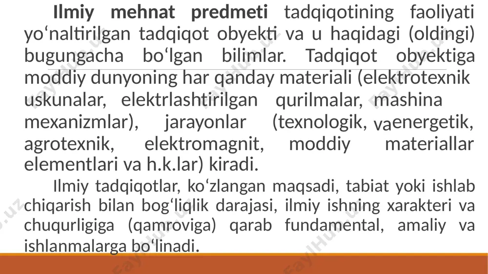 natijalar tadqiqot maqsadi va vazifalariga to‘la javob berishi hamda umumiy xulosa va tavsiyalarni shakllantirishi ilmiy izlanishning yakuniy bosqich vazifalariga kiradi. texnika sohasida, jumladan, texnologik jarayonlarni avtomatlashtirish va boshqarish sohasida tadqiqotlar natijalarini o‘zlashtirish (amalda tadbiq etish) bosqichi ham ko‘zda tutiladi. bunda tadqiqot natijalarini yoki texnologik va konstruktorlik ishlanmalarini iste’molchiga yetkazish ishlari amalga oshiriladi. ilmiy tadqiqot turlari muayyan bir ketma-ketlikda bosqichma-bosqich amalga oshiriladi. fundamental va amaliy tadqiqotlar quyidagi bosqichlardan iborat bo‘ladi: 1-bosqich. tanlangan mavzuning dolzarbligini asoslash va ifoda etish: – bo‘lajak tadqiqotlarga taalluqli muammolar bilan mamlakat va xorijiy adabiy manbalar bo‘yicha tanishish, uning dolzarbligini asoslash; muammolar bo‘yicha tadqiqotlarning muhim yo‘nalishlarini belgilash va tasniflash; mavzuni ifodalash va tadqiqot annotatsiyasini tuzish; texnikaviy topshiriqni ishlab chiqish va ilmiy tadqiqot ishlari (iti) umumiy kalendar rejasini tuzish; kutilayotgan iqtisodiy yoki boshqa foydali samarani oldindan belgilash. 2-bosqich. tadqiqotning maqsadi va vazifasini ifodalash: mamlakat va xorijiy nashrlar bibliografik ro‘yxatini tanlash va tuzish (monografiya, darsliklar, maqolalar, patentlar, kashfiyotlar va b.), …