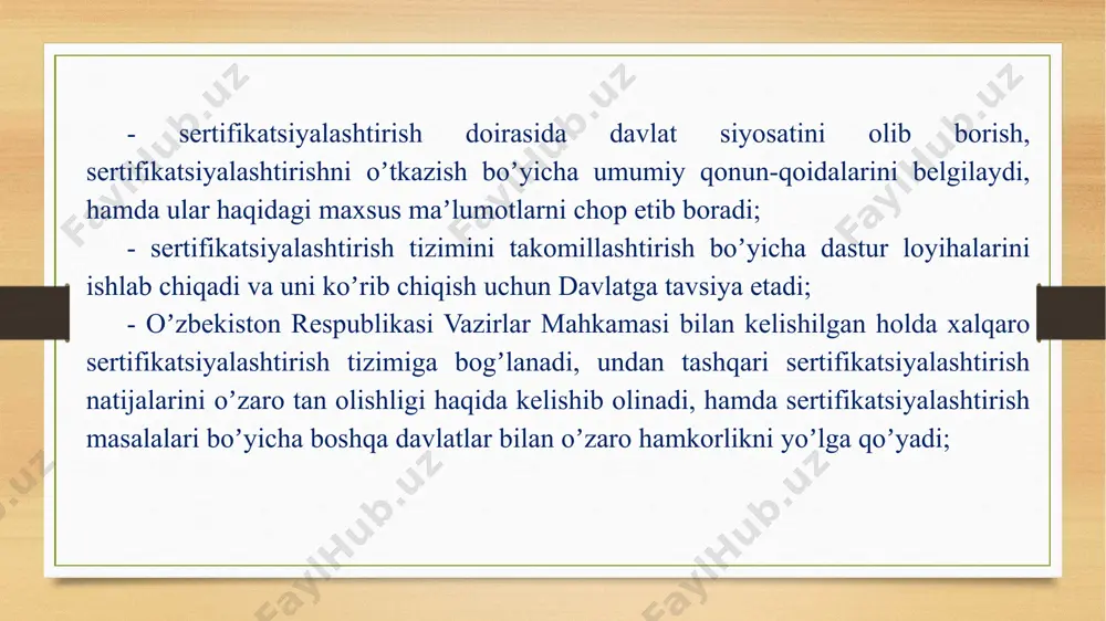 gan mahsulotni qaytadan baholash, sifatni boshqarish tizimi yoki ishlab chiqarish, sertifikatsiyalashtirish boʼyicha idoraning faoliyati, belgilangan shartlarga bogʼliqligini tasdiqlash maqsadidagi sertifikatsiyalashtirish va akkreditlashtirishda belgilangan sinov laboratoriyasi. sertifikatsiyalashtirishning asosiy maqsadi va vazifalari quyidagilardan iborat: -mahsulotni tarqatish, insonlarning hayotiga xavf soluvchi favqulodda boʼladigan hodisalarni oldini olish chora tadbirlarini, yuridik va jismoniy shaxs buyumlari, atrof-muhit taʼsirlarini nazorat qilib borish; -mahsulot sifatini yaxshilash va uning jahon bozorlarida raqobatbardoshligini oshirish; -xalqaro iqtisodiy, ilmiy-texnik va xalqaro savdoda tadbirkorlarni qoʼshma korxonalarda ishtirok etishi uchun sharoit yaratib berish; -mahsulot ishlab chiqaruvchilarning vijdonsizligini isteʼmolchilardan himoyalash; -ishlab chiqaruvchilarning mahsulot sifat koʼrsatkichlarini tasdiqlashdan iborat. milliy muvofiqlik sertifikatlari va muvofiqlik belgilari yoki boshqa davlatlarning oʼzbekiston standartlashtirish agentligi tomonidan eʼtirof etilgan muvofiqlik sertifikatlari va muvofiqlik belgilari arizachi (mahsulot yetkazib beruvchi) tomonidan bojxona nazorati idoralariga yukka taalluqli bojxona deklaratsiyasi bilan birgalikda taqdim etiladi va ular mahsulotni respublika xududiga olib kirishga ruxsatnoma olish uchun zarur hujjatlar hisoblanadi. chetdan olib kelinayotgan mahsulotning xavfsiz ekanligini tasdiqlovchi hujjati boʼlmagan …