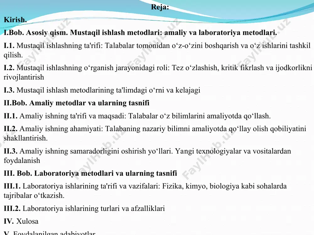 alabaga o‘z bilimlarini real sharoitda qo‘llash imkonini beradi, laboratoriya metodlari esa ilmiy tajriba va eksperimentlar orqali bilimlarni mustahkamlashga yordam beradi. shunday qilib, mustaqil ishlash metodlari nafaqat o‘quvchilarga bilim berish, balki ularni innovatsion yondashuvlar va ijodiy fikrlashga yo‘naltirishda ham muhim rol o‘ynaydi. mavzuning dolzarbligi: bugungi kunda ta'lim tizimi doimiy ravishda o‘zgarib borayotgan sharoitlarga moslashmoqda, yangi pedagogik yondashuvlar va metodlar joriy qilinmoqda. talabalarni mustaqil ishlashga jalb qilish, ularning ijodiy fikrlash va tanqidiy tahlil qilish ko‘nikmalarini rivojlantirish bugungi kunda o‘qituvchilarning asosiy vazifalaridan biriga aylangan. ta'lim tizimining samaradorligini oshirishda mustaqil ishlash metodlari, ayniqsa amaliy va laboratoriya metodlarining ahamiyati katta. bu metodlar nafaqat talabalar uchun nazariy bilimlarni amaliyotda qo‘llash imkoniyatini yaratadi, balki ularning shaxsiy rivojlanishiga ham katta ta'sir ko‘rsatadi. mavzuning ahamiyati: mustaqil ishlash metodlari, ayniqsa amaliy va laboratoriya metodlari, zamonaviy ta'lim jarayonida talabalarning bilimlarini chuqurlashtirish va ularning o‘z bilimlarini amaliyotda qo‘llay olish qobiliyatini rivojlantirishda muhim ahamiyatga ega. ta'limda mustaqil ishlash metodlarining qo‘llanilishi, talabalar o‘z bilimlarini …
