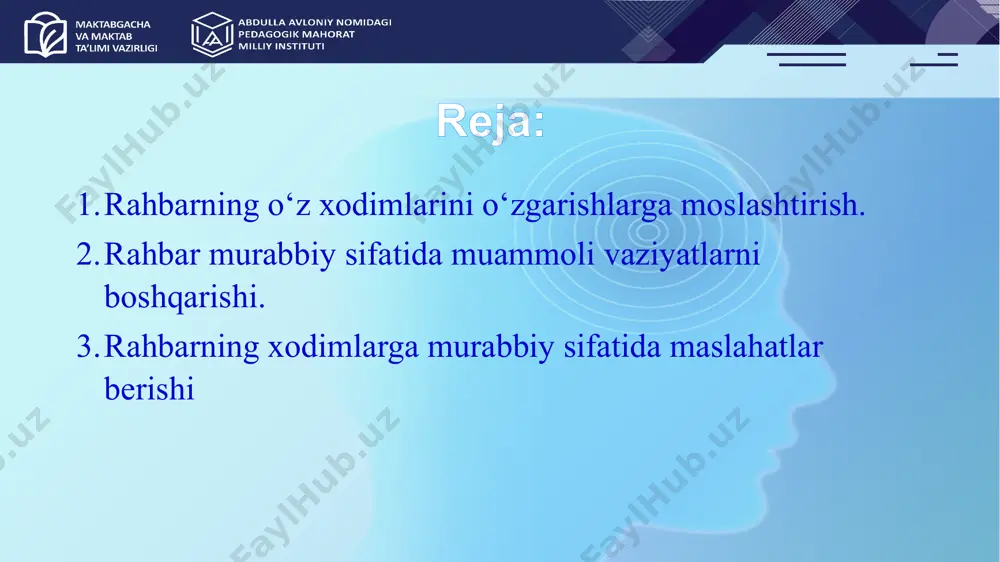hki ziddiyatlarni keltirib chiqarmoqda… siz qanday yo‘l tutgan bo‘lar edingiz? yangi kelgan o‘qituvchi sizning jamoangizga qo‘shilib keta olmadi. natijada, sizga ishdan bo‘shash haqida murojaat qildi… sizning yechimingiz dars jarayonida sinfni idora qila olmaydigan, o‘quvchilarga so‘zini o‘tkaza olmaydigan o‘qituvchingiz bilan qanday ishlaysiz? (rahbar murabbiy sifatida ) bu vaziyatni siz qanday hal qilasiz? dars jarayonida o‘quvchi o‘qituvchining darsini videoga olib ijtmoiy tarmoqqa joylagan va bu videoni izohlash jarayonida o ‘qituvchi va maktabingiz sha’niga yomon so‘zlar aytigan. (o‘qituvchi va o‘quvchi manfaati nuqtai nazaridan hal qiling) siz bu vaziyatda nima qilar edingiz? yangi kelgan o‘qituvchingiz dars o‘tish va jamoa bilan muloqot qilishda takroriy xato qilyapti. sizning murabbiy sifatidagi munosabatingiz…. siz bu vaziyatda nima qilar edingiz? bir o‘qituvchingiz har kuni ishga kechikib keladi. siz shuncha ogohlantirishingizga, tanbeh berishingizga qaramasdan bu davom etmoqda… rahbar-murabbiy sifatida xalqaro tajriba tahlili aqshda"grow model" (goal, reality, options, will) keng qo‘llaniladi. xodimlarga o‘z qarorlarini o‘zlari topishga undaladi, bu esa ularda mustaqillik …