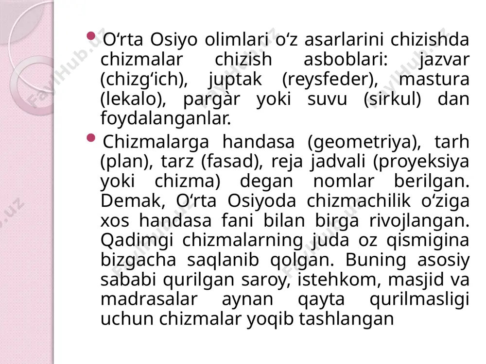 a va b nuqtalardan yoylar chiziladi va ularga urinma o‘tkaziladi (6.4-chizma, a). yoki a va b nuqtalardan to‘g‘ri chiziq kesmasiga 90° burchakda ingichka chiziq chiziladi va ularga 30 mm o‘lcham qo‘yiladi. so‘ngra hosil bo‘lgan 1- va 2- nuqtalar o‘zaro tutashtiriladi (6.4-chizma, b). o‘zaro perpendikular chiziqlar chizish. ikkita chiziq bir-biriga nisbatan 90° burchak hosil qilib joylashsa, ularni o‘zaro perpendikular chiziqlar deyiladi. bunday chiziqlarni aniq chizish uchun oldin gorizontal yoki vertikal, yoki ixtiyoriy vaziyatdagi qiya chiziq chizib olinadi. gorizontal chiziqqa o nuqtasi orqali unga perpendikular chiziq o‘tkazish uchun uchburchaklikning 90° li burchagi to‘g‘ri chiziqqa o nuqtadan 6.5-chizma, a da ko‘rsatilgandek chiziladi. chizg‘ich yoki uchburchaklik yordamida gorizontal chiziqdan parallel surilib, ikkinchi uchburchaklikning yon qirrasi o nuqtaga 6.5-chizma, b dagidek qo‘yib chiziladi. yoki sirkul yordamida o nuqtadan ikkala tomonga bir xil radiusda yoylar chizilib, to‘g‘ri chiziq bilan kesishgan nuqtalar 1 va 2 dan o1 yoki o2 dan kattaroq bir xil yoylar chiziladi. yoylarning o‘zaro …