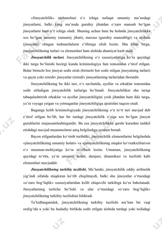 ma’lumki, jinoyatchilik oddiy arifmetik yig‘indi sifatida miqdoran ko‘rib chiqilmaydi, balki shu jinoyatlar o‘rtasidagi «o‘zaro bog‘liqlik» xususiyatlaridan kelib chiquvchi tarkibiga ko‘ra baholanadi. jinoyatlarning turlicha bo‘lishi va ular o‘rtasidagi «o‘zaro bog‘liqlik» jinoyatchilikning tarkibiy tuzilishini bildiradi. ta’kidlanganidek, jinoyatchilikning tarkibiy tuzilishi ma’lum bir vaqt oralig‘ida u yoki bu hududiy birlikda sodir etilgan alohida turdagi yoki toifadagi jinoyatlarning miqdorini umumiy jinoyatlar hisobida tutgan o‘rnini ifodalaydi. agar jinoyatlarning umumiy holati va miqdor ko‘rsatkichlari jinoyatchilikning soni va sifatini ko‘rsatsa, jinoyatchilikning tarkibiy tuzilishi uning sifat darajasini anglatadi. umuman olganda, jinoyatchilikning sanab o‘tilgan barcha elementlari, o‘z mohiyatiga ko‘ra, jinoyatchilikning miqdor va sifat o‘zgarishlarini tahlil etishga yordam beradi. jinoyatchilikning tarkibiy tuzilishini bilish bu ijtimoiy-salbiy illatni ilmiy bilishga imkon yaratadi. ushbu uzviy bog‘liqlikni atroflicha o‘rganish esa jinoyatchilikka qarshi kurashni tashkil etishda katta ahamiyatga ega. ushbu masalani hal etishda quyidagi ikki yo‘nalishda ish olib borish taqozo etiladi. birinchisi, jinoyatchilikning ichki tomondan o‘zaro bog‘liqligi va ularning bir butun muammo ekanligi, ikkinchisi, jinoyatchilikning ijtimoiy …