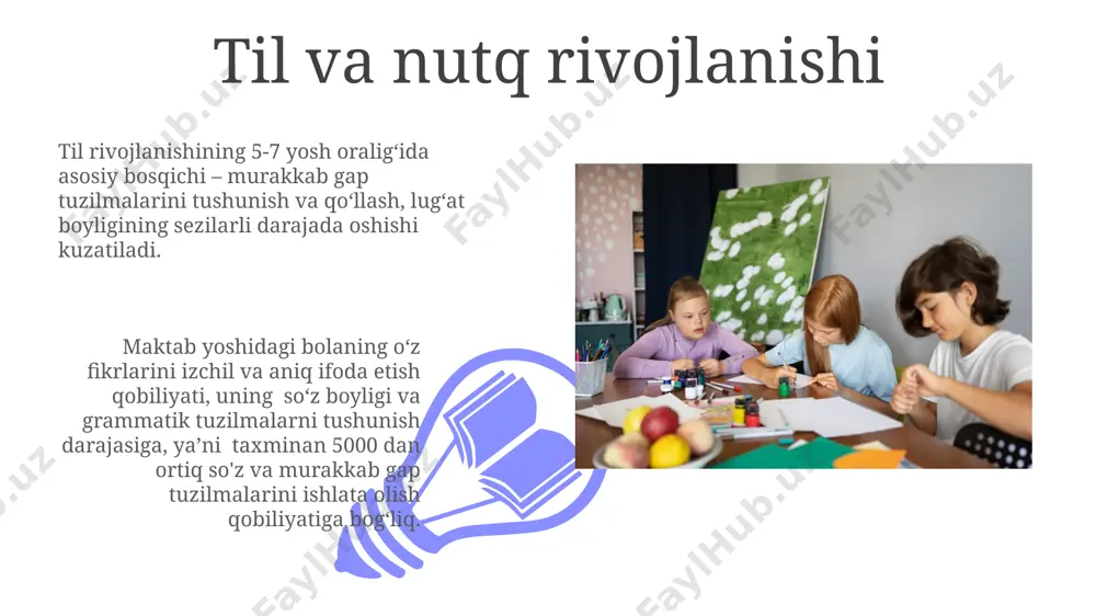 , grammatik tuzilmalarni tushunish va murakkab jumlalarni qurish qobiliyatlari yaxshilanadi. yosh maktab o'quvchilarining xotirasi sezilarli darajada rivojlanadi, ular 7 ± 2 birlik ma'lumotni qisqa muddatli xotirasida saqlashlari mumkin. hissiy-ruhiy rivojlanish maktab yoshidagi bola hissiy-ruhiy rivojlanishining muhim jihatlaridan biri 6-7 yoshda o'z-o'zini baholashning shakllanishi bo'lib, bu o'ziga bo'lgan ishonch va o'z qobiliyatlariga nisbatan realistik tasavvurning rivojlanishiga bog'liq. hissiy-ruhiy rivojlanishning muhim ko'rsatkichlaridan biri bu bolaning stressga chidamlilik darajasi bo'lib, u o'rtacha 30% ga teng bo'lgan salbiy vaziyatlarni boshqarish qobiliyatini aks ettiradi. rivojlanishning asosiy bosqichlari maktab yoshidagi bolaning rivojlanishining dastlabki bosqichlarida (6-7 yosh) o‘ziga xos o‘yin faoliyati, so‘z boyligining sezilarli darajada oshishi (5000 so‘zgacha) va mustaqil fikrlashning shakllanishi kuzatiladi. 7-9 yosh oralig‘ida bolalarda mantiqiy fikrlash, umumlashtirish va tahlil qilish qobiliyatlari rivojlanadi; shu bilan birga, ijtimoiy munosabatlarni tushunish va tengdoshlari bilan o'zaro munosabatlarni o'rnatish muhim ahamiyat kasb etadi. jismoniy rivojlanish 01 02 yosh maktab yoshidagi bolalarda jismoniy rivojlanish tezligi yiliga o‘rtacha 5-7 sm ga …