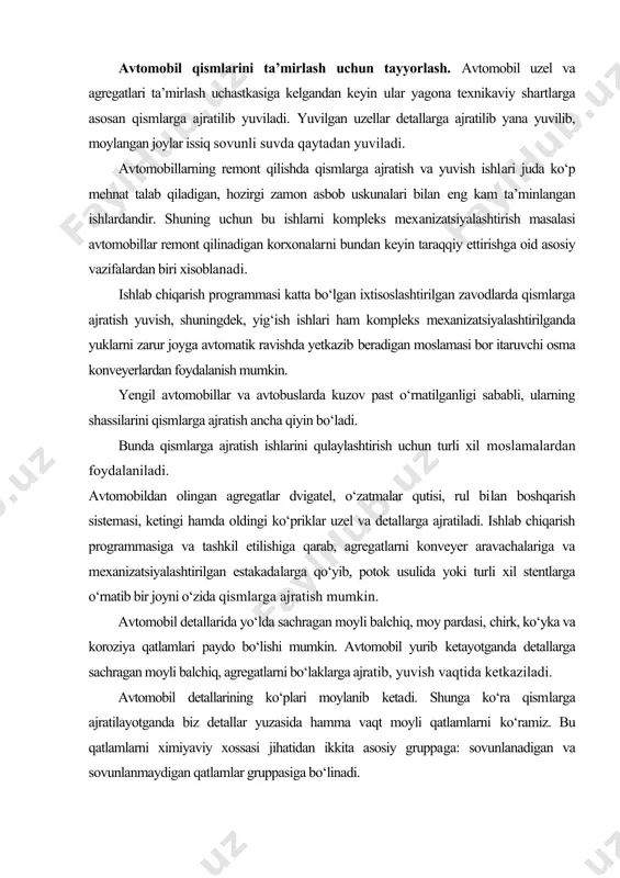 b, yuvish vaqtida ketkaziladi. avtomobil detallarining kо‘plari moylanib ketadi. shunga kо‘ra qismlarga ajratilayotganda biz detallar yuzasida hamma vaqt moyli qatlamlarni kо‘ramiz. bu qatlamlarni ximiyaviy xossasi jihatidan ikkita asosiy gruppaga: sovunlanadigan va sovunlanmaydigan qatlamlar gruppasiga bо‘linadi. sovunlanadigan moylarga barcha о‘simlik va hayvonot moylari kiradi. bu xil moylarga ishkorlar ta’sir ettirilganda suvda oson eriydigan sovun hosil bо‘ladi. sovunlanmaydigan moylarga barcha mineral moylar kiradi. mineral moylar ishqorlar ta’sirida erimaydi. sovunlanmaydigan moylar kerosin va benzinda yaxshi eriydi. avtomobil detallarini yuvib tozalangandan keyingi ish tekshirish va saralash ishlari hisoblanadi. bu vazifa zavodning nazorat saralash bо‘limida defektoskopiya natijalariga qarab xal qilinadi. defektoskopiya natijasida barcha detallar yaroqli, tuzatiladigan, yaroqsiz detallarga ajratiladi. bunday ishlar detallarni nazorat qilish va saralash uchun belgilangan texnikaviy shartlarga muvofiq bajariladi. nazorat operatsiyalarni kо‘zdan kechirish yо‘li bilan, о‘lchov asbobi yordamida, ayrim hollarda esa maxsus moslamalardan foydalanib о‘tkaziladi. kо‘zdan kechirish yо‘l bilan detallarning umumiy texnikaviy xolati tekshiriladi va ularning sirtidagi nuqsonlar aniqlanadi. nazorat operatsiyalarini о‘lchov …