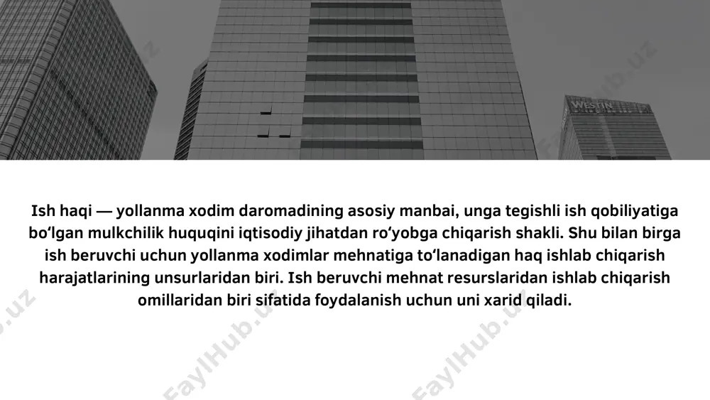deb hisoblaydi va uni ish kuchini takror ishlab chiqarishi uchun zarur boʻlgan tirikchilik vositalari qiymati tarzida taʼriflaydi. ish haqiga ish kuchi qiymatining puldagi ifodasi sifatida qarash aniq mehnat bozorida ish haqi darajasiga talab va taklif omillarining taʼsirini hisobga olmaydi. iqtisodiy rivojlangan mamlakatlar mehnat bozorida real ish haqining oʻrtacha darajasi yashash uchun zarur tirikchilik vositalari minimumiga qaraganda ancha yuqori darajada turadi.