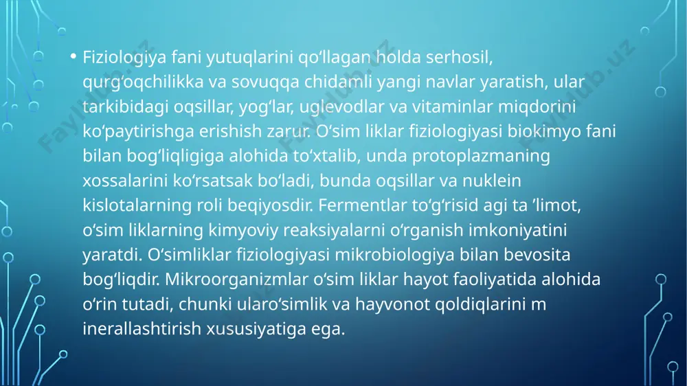 lashadi. ularning tarkibida kaltsiy karbonatning har xil shakllari (alohida kristallar, druz yoki rafid), terpinlar, tanid yoki oshlovchi moddalar to'planadi. efir moylari to'planadigan idioplastlar naylar yoki kanallar ko'rinishida bo'lib, uning ichida terpinlar to'planadi. efir moylari to'planadigan idioplastlar magnoliyaguldoshlar, lavrguldoshlar, karnayguldoshlar oilalariga xos xususiyatlaridan hisoblanadi .(1-rasm)sekretlarni saqlovchi to'qimalar, asosan, barglarda naylar yoki kanallar shaklida bo'ladi. ular sxizogen yoki lizigen yo'l bilan yuzaga keladi. sxizogen (yunon. sxidz o — ajratmoq, genos — chiqib kelish) naylar yoki kanallar, zich joylashgan hujayralarning bir-biridan ajralishi yoki uzoqlashishi natijasida hosil bo'ladi. ularni atrofi bir-biri bilan zich tutashgan yupqa pardali ti-rik epiteliya (yunon. e p i — ustida; tele —so'rg'ich) hujayralari bilan o'ralgan. epiteliya hujayralari ichki tomonga sekret (smola) ajratadi; ajralgan sekretlar, ya'ni smolalar naylar yoki kanal bo'shliqlarigya to'planadi (nina bargli o'simliklar, soyabonguldoshlar, karnayguldoshlar, murakkabguldoshlar). lizogen (yunon. lizis — eritish, yo'qotish) hujayra oralig'i, hujayra qobig'ining erib ketishi natijasida vujudga keladi, hosil bo'lgan kanallarda efir moylari to'planadi (masalan, limon, …