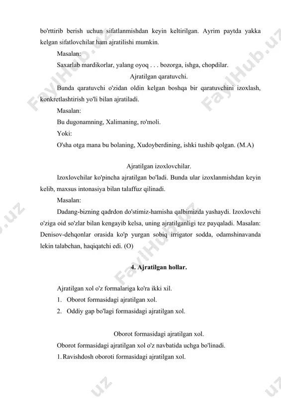 oid so'zlar bilan kengayib, boshqa gap bo'laklardan ajralishi mumkin. bunda konstruksiya kabi, bo'yicha, tufayli, yarasha, xolda, muvofiq kabi ko'makchi so'zlar bilan shakllanadi. masalan: 1. navoiy bir qo'lini ko'ksiga qo'ygan holda, boshini kamtar, yengil qimirlatishi bilan xalqning tabrigiga samimiy javob berib bordi. 2. to'ppon, ishda to'rt kishining ishini qilgani kabi, ovqatda ham to'rt kishining ovqatini yegan edi. ko'makchili konstruksiya oboroti formasidagi ajratilgan bo'laklardagi kabi, ma'lum darajada predikativlik mavjud. ko'makchili konstruksiya oboroti formasidagi ajratilgan xol quyidagi ma'noni ifodalaydi. 1. turli xolatni masalan: a) nor xola xursandlik bilan yuragi to'ygan xolda, bog'ni aylanib keldi. b) o'ktam allanechuk bo'shashgan holda otliq qizning orqasidan ancha vaqt o'ychan qarab qoldi. 2. o'xshatishni, masalan: a) buloqning suvi, podshox zamondagi mazlumlarning ko'zlaridan oqqan yosh kabi tinmay to'lib toshdi. (sh.r) b) farxodning qoyalarni o'pirgan afsonaviy teshasi kabi, shoir fikri toshlarni yaxlid kesib, misralarga boylab, qalab ketdi. oddiy gap bo'lagi formasidagi ajratilgan xollar. oddiy gap bo'lagi formasidagi ajratilgan xollar o'zidan …