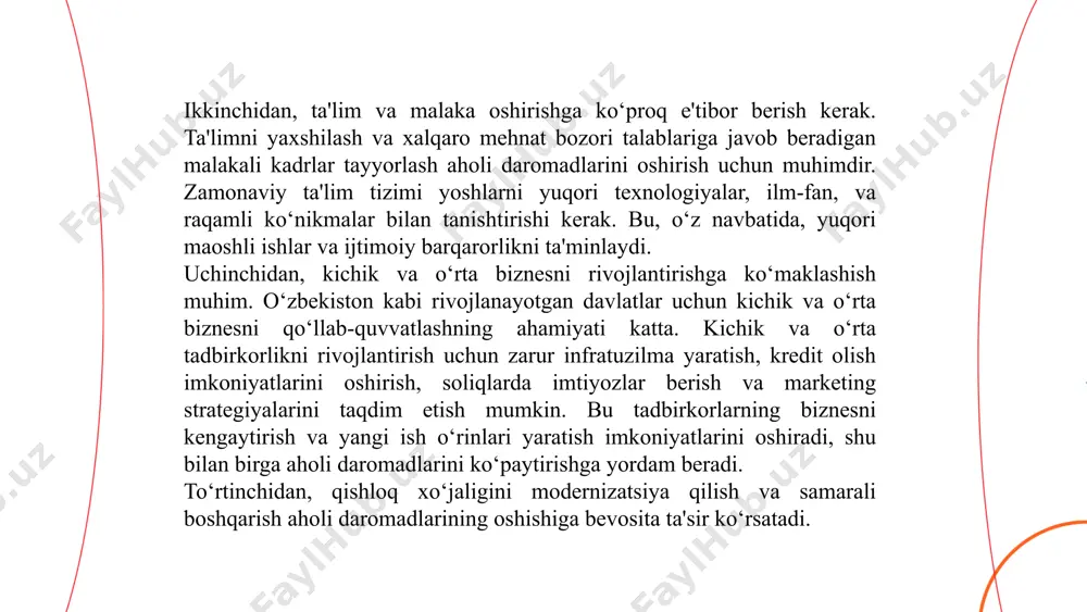 z daromadlarini oshirish imkoniyatlarini yaratadi. ... t.me/slaydai_bot uchinchidan, tibbiy va psixologik yordamni ko‘rsatish. nogironlar, qariyalar, beva va yolg‘iz keksalar, psixologik yordamga muhtoj bo‘lgan odamlar uchun tibbiy va psixologik xizmatlar ko‘rsatilishi zarur. sog‘liqni saqlash tizimini kuchaytirish, sog‘liqni tiklash va terapiya xizmatlarini kengaytirish, ilg‘or texnologiyalarni joriy etish ahamiyatli. shuningdek, psixologik yordam xizmatlarini rivojlantirish, depressiya va ruhiy salomatlik muammolari bilan kurashishda yordam beradi. bu barcha choralar ijtimoiy himoya tizimining samaradorligini oshiradi. to‘rtinchidan, ta'lim va malaka oshirishga yordam. eng zaif guruhlarni ijtimoiy himoya qilishning yana bir muhim yo‘nalishi ta'lim va malaka oshirishdir. xususan, qashshoqlik va ishsizlik bilan kurashish uchun yoshlarni ta'lim va kasb-hunar o‘qitish muhimdir. ularni yangi kasblar o‘rganish, yuqori texnologiyalarni joriy etish, raqamli ko‘nikmalarni rivojlantirish imkoniyatlarini yaratish zarur. bu esa ularning o‘z daromadlarini oshirishga, jamiyatda faollikni kuchaytirishga va iqtisodiy muammolarni bartaraf etishga yordam beradi. ... t.me/slaydai_bot beshinchidan, huquqiy himoya va adolatni ta'minlash. ijtimoiy himoya tizimi faqat moddiy va tibbiy yordam bilan cheklanmasligi kerak. …
