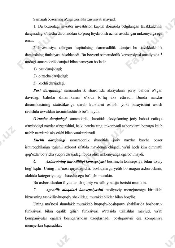larini qoplashga majbur bo‘ladilar (masalan, kompaniya olgan daromadlarni menejerlarga aloqasini chegaralanishi). 8. xarajatlarning muqobillilik konsepsiyasi. uning ma’nosi: har qanday qo‘yilmalar doimo muqobil manbaga ega bo‘ladi. moliyaviy menejmentda qo‘llanadigan asosiy modellar korxona aktivlari va, shu jumladan moliyaviy aktivlar turli ko‘rinishlarda mavjud bo‘ladi. shu nuqtai nazardan moliyaviy aktivlar portfeli yoki investitsion portfel haqida so‘z yuritish mumkin. o‘z moliyaviy imkoniyatlari doirasida korxona o‘z resurslarini moliyaviy aktivlarning turli kombinatsiyalariga yo‘naltirishi mumkin. investitsion portfel haqida uilyam sharp va garri markovitsning nazariyalari hozirda eng keng tan olingan. undagi asosiy qoidalar quyidagicha: 1. investitsiyaning muvaffaqiyati uning aktivlar turlari bo‘yicha taqsimlanishiga bog‘liq. 2. muayyan qimmatli qog‘ozga investitsiyaning xatari foydaning prognoz qilingan miqdori kutilayotgan miqdoridan farqlanishi ehtimoli bilan aniqlanadi. prognozlanayotgan miqdor foyda dinamikasi bo‘yicha statistik ma’lumotlarni qayta ishlab, xatar esa kutilayotgan foyda miqdoridan o‘rtacha kvadratik chetlanish sifatida aniqlanishi mumkin. 3. investitsion portfel bo‘yicha umumiy daromadlilik uni tarkibi o‘zgarishi bilan o‘zgarishi mumkin. demak, jami xatarni pasaytirishga va jami daromadni oshirishga …