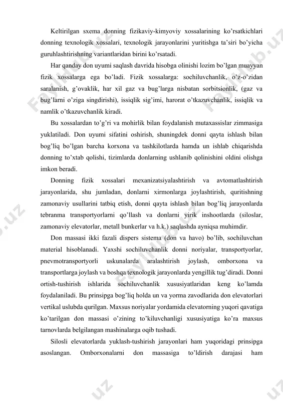 orxonalarni statistik hisoblashda qo’llaniladi. donning sochiluvchanligi don omborlari, un, yorma va omixta-yem zavodlari, yuklash-tushirish uskunalari va omborlarni loyihalash va ularni ekspluatatsiya qilishda muhim ahamiyatga egadir. odatda don massasining sochiluvchanligi uchun ishqalanish burchagi va tabiiy qiyalikni o’lchash yo’li bilan aniqlanuvchi ishqalanish koeffitsiyenti xarakterlidir. ishqalanish burchagi deganda don massasining biror yuzada sirpana boshlaydigan nisbatan kichik burchak tushuniladi. don massasining tabiiy qiyaligi yoki og’ish burchagi deganda tekis yuzaga erkin to’kilayotgan don hosil qilgan konussimon shaklning yuzaga nisbatan burchagi tushuniladi. 33-rasm.tabiiy qiyalikni o’lchaydigan qurilma. 1-sig’im; 2-shtativ; 3-burchak o’lchaydigan asbob (transportir). donning sochiluvchanligiga ko’pgina omillar ta’sir etadi. bularning eng asosiylari quyidagilardir: donning granulometrik tarkibi va granulomorfologik xarakteri (shakli, o’lchami, don yuzasining tuzilishi va ko’rinishi), namlik, aralashmalar turi va miqdori, material, don massasi oqib tushadigan yuzaning shakli va tuzilishi. yuzasi silliq, sharsimon shaklga ega bo’lgan urug’lardan (no’xat, tariq, lupin) tashkil topgan don massasi yuqori sochiluvchanlikka, shuningdek nisbatan kichik ishqalanish burchagi va tabiiy oquvchanlik qiyaligiga ega bo’ladi. …
