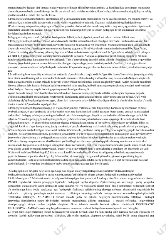 rkazi: interaktivlik: 4.insonlaro'rtasidagikommunikatsiyajarayonlarinikuchaytirishuchunmuhimasosdir.butexnikadaquyidagiasosiyelementlarbo'ladi:nafasolish.to'g'rivasamaralinutquchunmuhimdir.o'quvchilarningto'g'rinafasolishinio'rgatishvaushbutexnikaniamalgaoshirishjudamuhimdir.tovush.tovushnutqningasosiyqismihisoblanadi.o'quvchilarushbutexnikanio'rganishuchunfoydalanilishi, juda. dixiyasi. ham maslahatlar 5.individual muloqot: bu turdao'qituvchivao'quvchishaxsiyravishdauchrashadi. bu usulo'quvchibilanbadiiyvashaxsiymunosabatlarnirivojlantirishuchunjudasamaralibo'ladi. guruh (jamoat) muloqoti: bu turdao'qituvchibirguruhyokijamoatbilanmuloqotqiladi. bu usulo'quvchilarningbir-birlaribilanfikrlarnialmashishvamaslahatlashishimkoniniyaratadi 18-bilet 5pedagogik texnika haqida tushuncha -bu avvalo, o'qituvchining mahoratini belgilovchi kasbiy ko'nikmalar hisoblanadi , ya’ni uning savodli va ifodali so'zlay olishi , o'z fikr-mulohazasini va bilimini tushunarli tilda ta’sirchan bayon qilishi , his-tuyg'usini jilovlay olishi , o'zining shaxsiy xususiyatlariga xos mimik va pantomimik qobiliyatlarga ega bo'lishi , aniq imo-ishora , ma’noli qarash rag'batlantiruvchi yoki istehzoli tabassum , so'zning cheksiz qudrati orqali o'quvchilar ongiga va tafakkuriga ta’sir o'tkazishi , hozirjavoblik psixologik bilimlarga ega bo'lishi kabilardir. 4.bu avvalo óqituvchining mahoratini belgilovchi kasbiy kónikmalar hisoblanadi.yani uning savodli va ifodali sózlay olishi, ózi fikr mulohazasini va bilimni tushunarli tilda bayon taʼsircha qila olishi, his tuyğusini jilovlay olishi oʻzining shaxsiy xususiyatlariga xos mimik va pantomimikaha ega bólishi kabilardir. 3qobiliyat insonning psixologik va fiziologik tuzilishiga xos bólgan xususiyatlaridir. pedagogik qobiliyat bu qobiliyat turlaridan biri boʻlib. kishining …