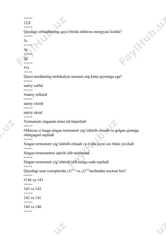 +++ tartib nomeri 24 bo’lgan elementning asosiy holatida nechta toq elektron bo’ladi? ==== #6 ==== 5 ==== 4 ==== 1 ++++ eritma deb nimaga aytiladi? ==== tuzlarni suvda erishi ==== erituvchi bilan erigan modda natijasida hosil bo’ladigan geterogen sistema ==== dispers sistema va kolloid holat ==== #ikki yoki bir necha komponentlardan tashkil topgan bir jinsli gomogen sistemaga aytiladi ++++ agar 200g suvga 50g osh tuzi eritilsa necha % li eritma hosil bo’ladi? ==== #40 ==== 30 ==== 20 ==== 10 ++++ massasi 340g 10 % li ammiak eritmasini tayorlash uchun necha g ammiak olish kerak? ==== 37 ==== #34 ==== 7,5 ==== 8,5 ++++ massasi 550 g bo’lgan 10% li eritmada nech gramm tuz erigan? ==== #55 ==== 40 ==== 60 ==== 20 ++++ harorat 60 gradus s da reaksiya 80 sekundda tugasa, 80 gradus cnecha sekundda tugaydi?( γ =2) ==== 10 ==== #20 ==== 15 ==== 25 ++++ massasi …