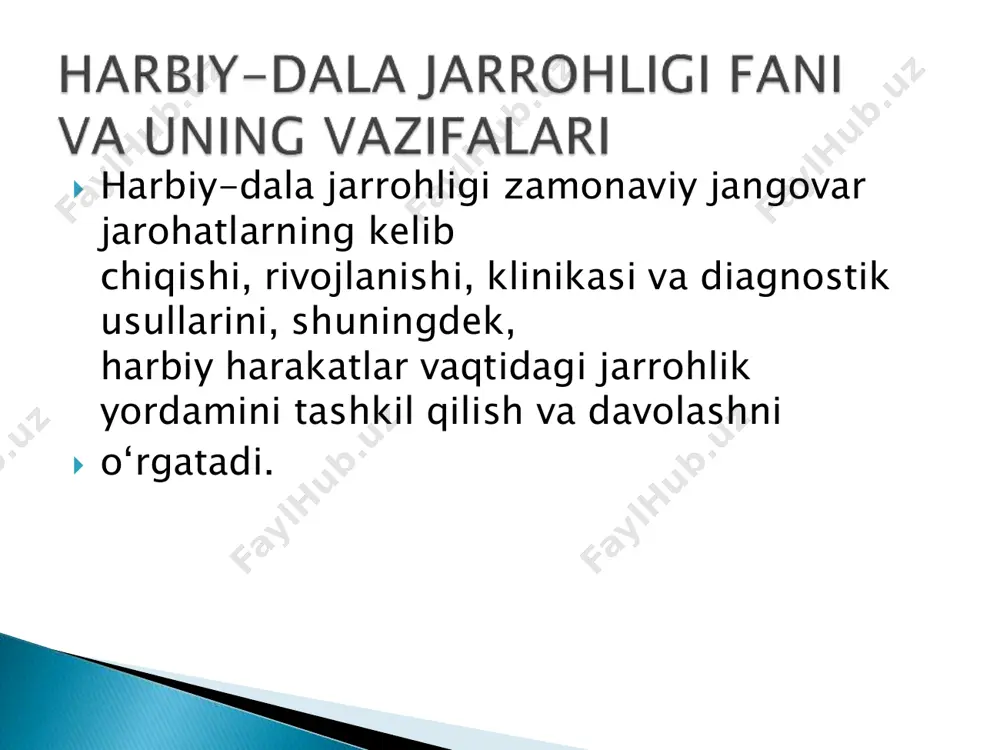 n in g im m obilizatsiyasi; • shpris-tyubik yordam ida og‘riq qoldiru v ch ilar (1 m l. 2% p ro m e dol eritm asi) va nafas m arkazini q o ‘zg ‘atuvchi (1 m l.l % lo b lelin eritm asi) m oddalarini yuborish; • antibiotiklar va radioprotektorlarni og'iz orqali berish; • zararlangan hududdan tashqariga olib chiqish.  qon ketish va qon yo'qotish . harbiy sharoitda qon quyish qon ketish tasnifi. qon ketish deb tomirlar butunligining buzilishi natijasida undan qon oqib ketishiga aytiladi.  birlamchi qon ketish travma yoki jarohatdan biroz vaqt o‘tgandan keyin turli qon tomirlarning shikastlanishi natijasida yuzaga keladi. qayerdan qon ketayotganiga ko‘ra qon ketishlar bo‘ladi: arterial— arteriya qon tomirdan ; arterio- venoz — arteriya va venoz qon tomir birgalikda shikastlanganda; venoz - vena qon tomirlaridan; kapillyar — kapillyar qon tomirlardan ; parenximatoz — turli xildagi parenxima organlardan.  0‘tkir qon yo‘qotish belgilari qon ketish tezligi …