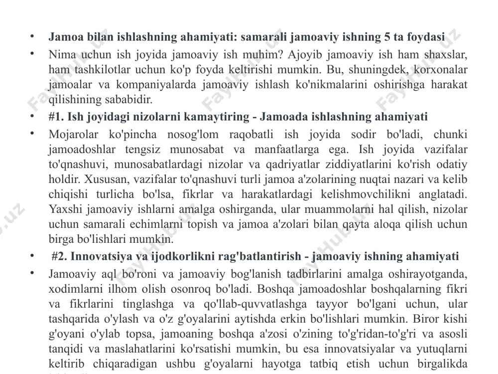 xshi jamoaviy ish xodimlarni baxtli qiladi va har doim ijobiy ish muhiti bo'lib qoladi. jamoaviy ish erkin chavandozlar, tushunmovchiliklar va keraksiz bahs-munozaralarning oldini oladi. qattiq janjaldan keyin ham a'zolar bir-birlarini yaxshiroq tushunishlari mumkin. yaxshi jamoa a'zosi yangi vaziyatlarda tajribasiz yoki shaxsiy favqulodda vaziyatlarni hal qilishga majbur bo'lgan boshqa jamoadoshlariga ko'rsatma berishga tayyorligini baham ko'rishi mumkin. #4. shaxsiy va tashkiliy o'sishni oshiring - jamoada ishlashning ahamiyati yuqori samarali jamoada siz mutaxassislar yoki tajribali qariyalardan o'rganish imkoniyatlarini oshirasiz. agar jamoangizda o'zini o'zi boshqarish, vaqtni yaxshi boshqarish va tafsilotlarga e'tibor beradigan odam bo'lsa, siz buni o'rganishingiz mumkin bo'ladi. yaxshi jamoaviy o'yin qobiliyatlari va ularni o'zlashtirib oling va bilimingizni oshirishga, ish samaradorligini oshirishga, yaxshi qarorlar qabul qilishga va yuqori lavozimga ko'tarilishingizga yordam beradi. ko'plab yuqori samarali jamoalarga ega kompaniya gullab-yashnagan kompaniya bo'lib, ular kompaniyaning bozordagi muvaffaqiyati, yaxshi obro'ga ega bo'lishi va ko'proq iste'dodlarni jalb qilishning asosiy omilidir. timbilding — shunchaki ko'ngilochar tadbir emas, balki …