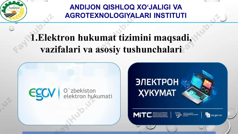 avlat organlarining vazifalarini bajarish bo'yicha ular tomonidan ko'rsatiladigan hizmat. agar qonun hujjatlariga muvofiq davlat xizmatlari ko'rsatish funksiyalari boshqa tashkilotlar zimmasiga yuklatilgan bo'lsa, ular ham davlat xizmatini ko'rsatishlari mumkin; elektron hukumat - davlat organiga so'rov bilan murojaat etgan jismoniy yoki yuridik shaxs; - ariza beruvchining davlat xizmati ko'rsatilishi to'g’risida davlat organlariga yuboriladigan talabi; har bir jismoniy va yuridik shahsga, kadastr va ko'chmas mulk ob'ektlariga, geografik va boshqa ob'ektlarga beriladigan, ularni elektron hukumatda identifikatsiyalash imkonini beruvchi noyob kodlar; davlat organlari o'rtasida axborot-kommunikatsiya texnologiyalari vositasida ma'lumotlar almashish; - vazirlar mahkamasining 25.01.2013 yil, 18-sonli qarorida «elektron hukumat» tushunchasiga, o'zbek tilida ta'rif berildi. «elektron hukumat» tizimi axborot kommuniatsion texnologiyalarni qo'llash yo'li bilan yuridik va jismoniy shahslar tomonidan davlat xizmatlari hamda davlat organlarining faoliyati natijalari to‘g’risida axborot olish (almashish) tezkorligi va qulayligining sifat jixatdan yangi darajasini ta'minlovchi davlat organlarining faoliyatini tashkil qilish shaklidir. elektron hukumat tushunchasi * 4. davlat organlarining hujjatlarini bir xillashtirish; 5. elektron hukumatning …