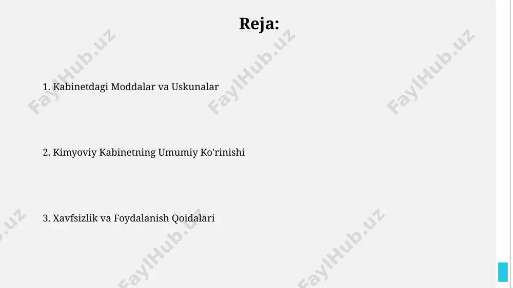 rdamida, masalan, qizil rang 1-raqamli xavflilik darajasini, sariq esa 2-ni ifodalaydi, toshkentdagi maktab kimyo kabinetlarida qo'llanilishi kerak. kimyoviy moddalarni saqlash qoidalari kimyoviy moddalarni saqlashda, xavfsizlik choralari hisobga olinib, 1-sinfdagi moddalarni alohida shkaflarga, 2-sinfdagilarni esa maxsus metall qutilarga joylashtirish kerak, toshkent shahri maktablari uchun namunaviy ko'rsatmalarga muvofiq. suyuq kimyoviy moddalarni saqlashda, sig'imining 2/3 qismidan ko'p to'ldirmaslik va shishalarni gorizontal holatda saqlash taqiqlanadi, namangan shahridagi kimyoviy laboratoriyalarining tavsiyalariga binoan. o'quvchilar uchun xavfsizlik bo'yicha ta'lim мактабдаги кимёвий кабинетда 15 ёшдан кичик ўқувчилар учун 3 та хавфсизлик қоидаси (масалан, идишларга тегмаслик, моддаларни ҳидлаб кўрмаслик ва тошкент шаҳридаги махсус таълим марказларида ўтилган хавфсизлик бўйича дарсларни эслаб туриш) ўргатилиши керак. ёнғин хавфсизлиги бўйича 10 та таълимий плакат андижон вилоятидаги мактабларга етказилиб, ўқувчиларга кимёвий кабинетдаги ёнғин ўчириш воситалари ва улардан фойдаланиш қоидалари ҳақида маълумот берилиши лозим. eskirib qolgan moddalarni yo'q qilish 2023-yilgi qoidalarga ko'ra, 1 litrdan kam bo'lgan miqdordagi eskirgan kislotalar va ishqorlar neytrallashtirishdan keyin, 5% li …