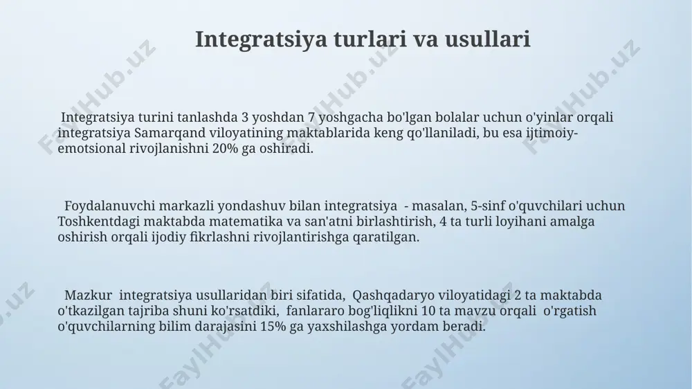 etensiyasini rivojlantirishga, jumladan, muloqot kompetensiyasini shakllantirishga qaratilgan boʻlib, namangan viloyatining 15 ta maktabida qoʻllanilmoqda. boshlangʻich taʼlimda integratsiya, 1-4 sinf oʻquvchilari uchun 5 ta asosiy fanni (ona tili, matematika, tabiatshunoslik, tasviriy sanʼat va musiqa) bir-biri bilan bogʻlash orqali, samarqanddagi 20 ta maktabda amaliyotga tatbiq etilmoqda. integratsiya yondashuvi, oʻquv jarayonida 3 ta asosiy maqsadga erishishga yordam beradi: bilimlarni chuqurroq oʻzlashtirish, koʻnikmalarni rivojlantirish va ijodkorlikni oshirish, toshkent shahridagi pedagogika universitetlari tomonidan oʻtkazilgan tadqiqotlar shuni koʻrsatmoqda. dars jarayonida integratsiyani qoʻllash dars jarayonida 5 yoshdan 7 yoshgacha bo'lgan bolalar uchun matematika va san'atni integratsiya qilish samarqanddagi maktablarda o'quvchilarning ijodiy fikrlashini 20% ga oshirdi. toshkentdagi 3-maktabda geografiya va tarix fanlarini birlashtirgan integratsion darslar natijasida 15 ta o'quvchi tarixiy joylarni xaritada aniqlashda 10% yaxshilandi. farg'onadagi tajriba maktabida o'tkazilgan tadqiqot shuni ko'rsatdiki, ona tili va adabiyot fanlarini integratsiyalashgan holda o'qitish o'quvchilarning yozma nutqini 12 ballga yaxshiladi. e'tiboringiz uchun rahmat @taqdimot_robot image4.png image3.jpeg