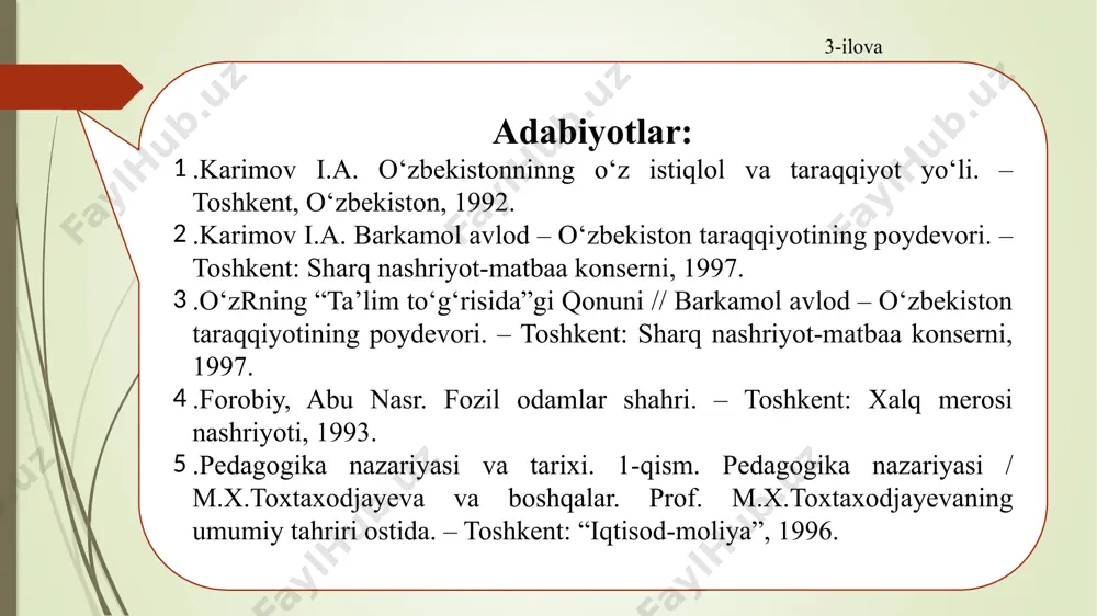 mkoniyatlariga moslashtirilmagan dars sifatli bо‘la olmaydi. darsga tayyorgarlik aniq sharoitlarda eng yuqori yakuniy natijaga erishishni ta’minlaydigan o‘quv jarayonini tashkil etishning komleks choralarini ishlab chiqishdir. o‘qituvchining darsga tayyorgarligida quyidagi uchta bosqich kо‘zga tashlanadi: tashxislash bashoratlash loyihalash (rejalashtirish) 11a-ilova nazorat uchun savollar: 1. ta’limning asosiy turlarini ta’riflab bering. 2. ta’limning individual shakli qanday? 3. sinf-dars tizimining afzalliklari nimalardan iborat? 4. zamonaviy darsga qanday talablar qо‘yiladi? 5. noan’anaviy darslar deganda nimani tushunasiz? 6. darsga tayyorgarlik qanday bosqichlarda kechadi? 12-ilova e’tiboringiz uchun rahmat! image2.png image1.jpeg /docprops/thumbnail.jpeg