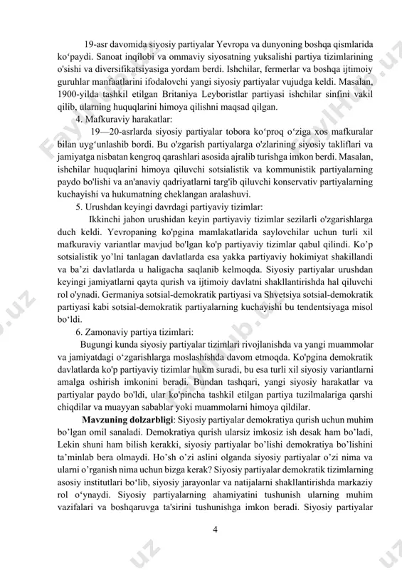 iy institutlari boʻlib, siyosiy jarayonlar va natijalarni shakllantirishda markaziy rol oʻynaydi. siyosiy partiyalarning ahamiyatini tushunish ularning muhim vazifalari va boshqaruvga ta'sirini tushunishga imkon beradi. siyosiy partiyalar yakka holda mavjud emas, balki mamlakatning siyosiy manzarasini belgilaydigan murakkab partiyaviy tizimlar doirasida faoliyat yuritadi. ularning qanchalik muhimliligini bilish uchun prezidentimizning maruzasidan misol keltirisak ham bo’ladi. «adolatli mezon bo‘lsa, to‘rt yilda qilgan islohotlarimiz… parlamentimiz qanday edi-yu, qanday bo‘ldi. deputatlarni obro‘si qanday edi-yu, qanday bo‘ldi. o‘zlaringni fikrlaringni aytyapsizlar, o‘zlaringni yo‘nalishlaringni aytyapsizlar… sizlar bilan uchrashishimdan maqsad — quyi pog‘onadagi kengashlarning obro‘sini ko‘tarmasak, quyi pog‘onadagi kengashlarda har bitta partiyaning ovozi bo‘lmasa, talab qilmasa, raqobat bo‘lmasa, natija bo‘lmaydi»[footnoteref:2]. partiya tizimlarini o'rganish bizga alohida partiyalar faoliyat yuritadigan kengroq kontekstni tushunishga imkon beradi. siyosiy partiyalar va partiyaviy tizim bizning hozirgi davlat hokimiyatimizni shakllantirishda o’rni beqiyos. uning ahamiyati quyidagilar: [2: prezident shavkat mirziyoyev 2022-yil 2 fevral kuni mamlakatdagi siyosiy partiyalar rahbarlari bilan uchrashuvidan] 1. siyosiy vakillik: siyosiy partiyalar jamiyatdagi turli ijtimoiy …