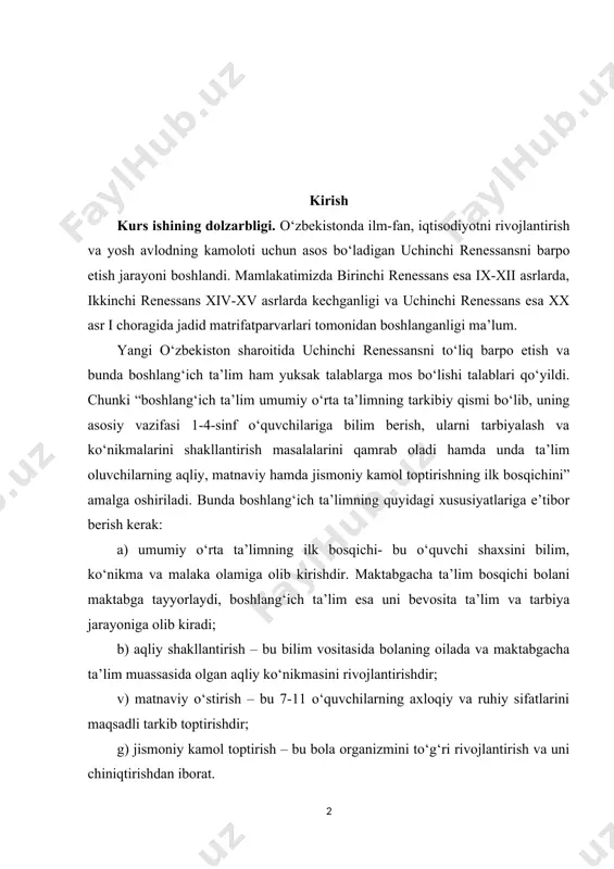aydi, boshlang‘ich ta’lim esa uni bevosita ta’lim va tarbiya jarayoniga olib kiradi; b) aqliy shakllantirish – bu bilim vositasida bolaning oilada va maktabgacha ta’lim muassasida olgan aqliy ko‘nikmasini rivojlantirishdir; v) matnaviy o‘stirish – bu 7-11 o‘quvchilarning axloqiy va ruhiy sifatlarini maqsadli tarkib toptirishdir; g) jismoniy kamol toptirish – bu bola organizmini to‘g‘ri rivojlantirish va uni chiniqtirishdan iborat. zero, e’tibor berilsa, o‘zbekiston ta’lim tizimida boshlang‘ich ta’lim vazifalari va xususiyatlari me’yoriy hujjatlarda aniq belgilab qo‘yilgan. ayni paytda, boshlang‘ich ta’lim pedagogikasida boshlang‘ich sinf o‘quvchilarini o‘qitishning quyidagi talablari belgilab qo‘yilganligini eslatib o‘tish joiz: - boshlang‘ich ta’lim davlat standartlariga qat’iy amal qilish; - 7-11 yoshli o‘quvchilarning yosh, aqliy , ruhiy, mabnaviy va jismoniy xususiyatlarini hisobga olish; - bola huquqlariga rioya etish; - ta’lim va tarbiyaning samarasini baholab borish. bunday yondashuv boshlang‘ich ta’limning vazifalarini aniq bajarish, uning sifat va samaradorligiga kutilgan darajada erishish imkonini beradi. shu sababli bu masalalar idrok etilishi kerak va boshlang‘ich ta’limni amalga …