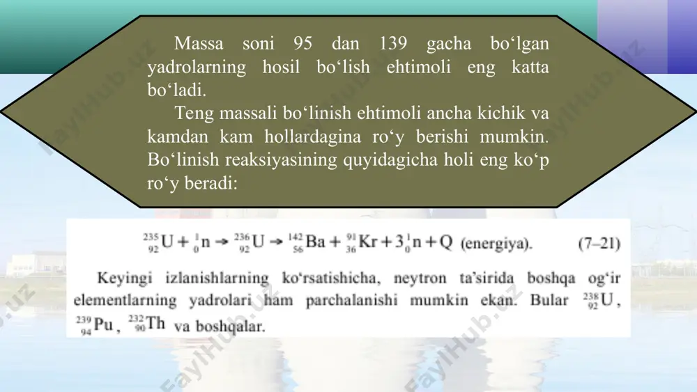 zaxiralaridan yuzlab marta ko‘p. shuning uchun elektr energiyaning asosiy qismi atom elektr stansiyalarida (aes) ishlab chiqarilganda edi, bu – bir tomondan, elektr energiyaning tannarxini kamaytirsa, ikkinchi tomondan, insoniyatni bir necha yuz yillar davomida energetika muammolaridan xalos qilgan bo‘lardi. aeslarning ancha kichik maydonni egallashini ham ta’kidlash lozim. dunyoda birinchi aes 1954-yilda obninsk shahrida ishga tushirilgan. undan keyin esa juda ko‘p ulkan aeslar qurildi va muvaffaqiyatli faoliyat ko‘rsatib kelmoqda.