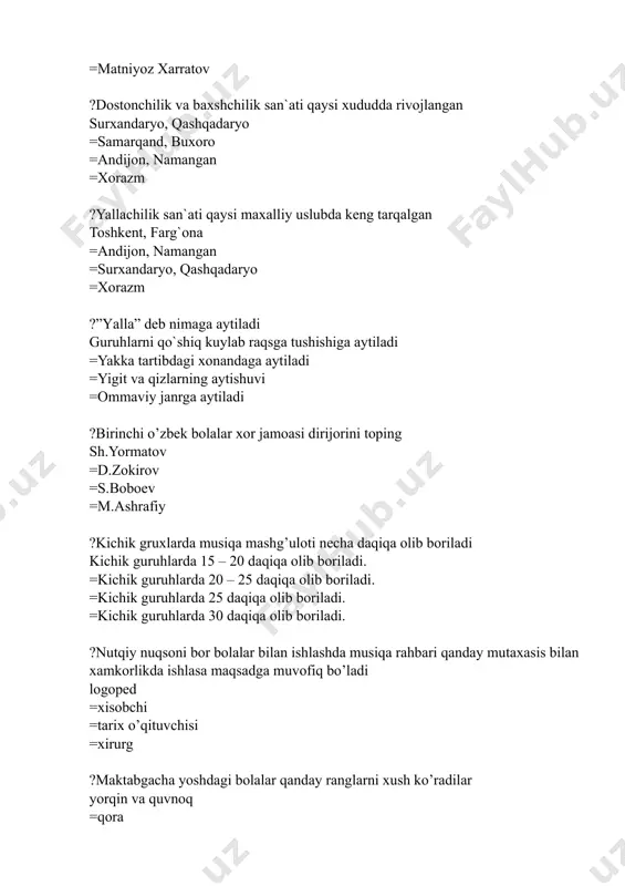 =layoqat =individuallik ?”musiqa tarbiyasi –bu musiqachi tarbiyasi emas, inson tarbiyasidir” - ushbu fikr muallifi v.a.suxomlinskiy =i.a. karimov =m. burxonov =yu.rajabiy ?bolalar ijrochiligi........ kuylash, musiqiy ritmik harakatlar, miusiqa cholg’ularida ijro etish va hakozo =musiqa cholg’ularida ijro etish =kuylash va raqsga tushish =musiqiy ritmik harakatlar ?ushbu fikr kimga tegishli “bolalarimiz bizdan ko’ra dono, aqlli, bilimdon, sog’lom va albatta baxtli bo’lishi kerak” i.a.karimov =a.oripov =yu.rajabiy =m.burxonov ?necha yoshli bolalar musiqani idrok etishda yorqin emotsiyalarini namoyon etadilar ikki yoshli bolalar =uch va to’rt yoshli bolalar =besh yoshli bolalar =olti va etti yoshli bolalar ?necha yoshli bolalar eshitish hissida individual ajralib turish, murakkab bo’lmagan kuyni aniq ijro etishlari mumkin uch va to’rt yoshli =besh va olti yoshli =olti va etti yoshli =ikki yoshli ?necha yoshli bolalar maktabga tayyorgarlik ko’ra boshlaydilar olti va etti yoshli =besh yoshli =uch va to’rt yoshli =ikki yoshli ?musiqa mashg’ulotlarini rejalashtirar ekan, pedagog bolalarning … aqliy, jismoniy, emotsional yuklamalarini hisobga olishi …