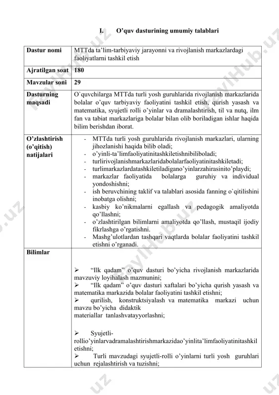 ish; · mashg’ulotlardan tashqari vaqtlarda bolalar faoliyatini tashkil etish o’quv rejaga muvofiq o’zaro bog’liq bo’lgan fanning nomi maxsus fanlar o’qitishning tashkiliy shakli a-amaliy ta’lim dasturga qo’yilgan talab majburiy o’qitish tili guruhga tayinlangan dars tili asosida baholash tartibi joriy baholash tartibiga asoslanib o’quvchilarning bilim va ko’nikmalarini baholash og’zaki, yozma, test,individual vaamaliytopshiriqlar bajarish 2. o’quv dasturi mazmuni t/r mavzuning nomi mavzuning qisqacha mazmuni ja’mi o’qitishning tashkiliy shakli mustaqil ta’lim 1 2 4 9 10 1 i-bo’lim. qurilish, konstruktsiyalash va matеmatika markazini tashkil etish 12 6 1 turli yoshguruhlarda qurilish, konstruktsiyalash va matеmatika markazini tashkil etish kichik va o’rta guruhlarda ta’lim jarayonining mavzuviy rejasi bo’yicha qurilish, konstruktsiyalash va matеmatika markazidagi mavzularni o’rganish. davlat talablaridan “aqliy rivojlanish” sohasi, “mayda motorika”, “qo’l barmoqlari mayda motorikasi” kichik sohalarini o’rganish. tayyor qurilish materiallaridan, lego, pazllar, qog’oz va kartondan, tabiiy materiallardan konstruksiyalar kartotekasini tuzish va haftalar bo’yicha loyihalash. kichik guruh uchun taklif etiladigan mavzular: kubik va g’ishtchalardan “bog’cha …