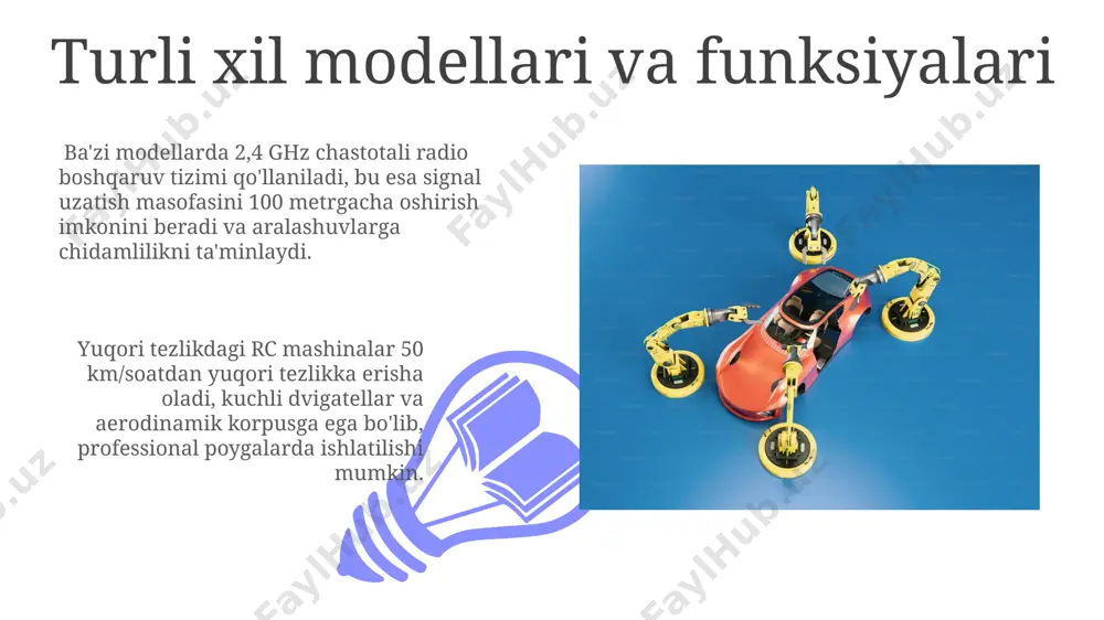 qali aniqlanadi. sensorlar va mikrokontrolerlar mikroprotsessorlar, masalan, arduino uno kabi 8-bitli mikrokontrolerlar, avtoulovning harakatini boshqarish va sensorlardan olingan ma'lumotlarni qayta ishlash uchun ishlatiladi. giroskop va accelerometer kabi inersial o'lchov birligi (imu) sensorlari avtomobilning burchak tezligini va tezlanishini aniqlab, mikrokontrolerga real vaqtda ma'lumot beradi. afzalliklari va kamchiliklari simsiz texnologiyalar tufayli signalning uzilishi yoki shovqinlar tufayli boshqaruv muammolari yuz berishi mumkin, bu esa xavfsizlikka tahdid soladi. masofadan boshqariladigan mashinalar bolalar uchun kreativlikni rivojlantirishga yordam beradi, motorika mahoratini oshiradi va taxminan 3-7 yoshgacha bo'lgan bolalar uchun mos keladi. masofadan boshqariladigan mashinalar tarixi 01 02 19-asr oxirida, nikola tesla simsiz boshqarish tizimini ishlab chiqdi va 1898-yilda radio boshqariladigan qayiqni namoyish etdi, bu esa masofadan boshqariladigan texnologiyaning ilk namunasidir. sales 1st qtr 2nd qtr 100 0 sales 1st qtr 2nd qtr 100 0 e'tiboringiz uchun rahmat @taqdimot_robot image4.jpg image5.jpg image6.jpg image7.jpg image8.jpg image9.jpg image10.jpg image11.jpg image12.jpg image13.jpg image14.jpg image15.jpg image1.jpeg image2.jpeg image3.jpeg