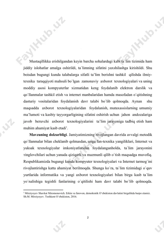 o etamiz. sh.m. mirziyoyev. toshkent o‘zbekiston, 2016. ] mavzuning dolzarbligi. jamiyatimizning rivojlangan davrida avvalgi metodik qo`llanmalar bilan cheklanib qolmasdan, unga fan-texnika yangiliklari, internet va yuksak texnologiyalar imkoniyatlaridan foydalanganholda, ta`lim jarayonini тinglovchilari uchun yanada qiziqarli va mazmunli qilib o`tish maqsadga muvofiq. respublikamizda bugungi kunda kompyuter texnologiyalari va internet tarmog`ini rivojlantirishga katta ahamiyat berilmoqda. shunga ko`ra, ta`lim tizimidagi o`quv yurtlarida informatika va yangi axborot texnologiyalari bilan birga kasb ta`lim yo`nalishiga tegishli fanlarining o`qitilishi ham davr talabi bo`lib qolmoqda. masofadan o`qitishusulida o`qituvchi bilan talaba bir-biridan masofa bilan ajralgan bo`lsa ham, doimiy muloqot saqlanib qoladi. bu o`qitishni nazorat qilishning alohida usuli bo`ladigan elektron pochta va internet texnologiyalari yordamida amalga oshiriladi kurs ishining obyekti: ta’lim menejmentini o’qitishda masofaviy ta’limdan foydalanish yo’llari masofaviy talim tizimida o’qitish jarayoni. kurs ishining predmeti: ta’lim soxasida masofaviy o’qishning samaradorligi va avfzalliklari. kurs ishining maqsadi: talabalarni zamonaviy texnalogiyalardan foydalangan holda ta’lim tizimini yangicha usullardan foydalanib o’qish jarayonini tubdan o’zgartirish.va multimedia texnologiyalarini …