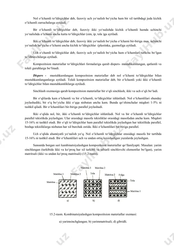 egish, zarb kuchlanishlarni mexanik buzilishlardan, oksidlanishdan saqlaydi. matritsa tanlash bilank ompozitsion materiallarni ishlash harorati belgilanadi. polimer matritsadan metall matritsaga o‘tish bilan kompozitsion materiallarda ishlash harorati ko‘tariladi. 15.2. kompozitsion materiallarning tarkibi, tuzilishi, xossalari, olinishi va ishlatilish sohalari. sinchlovchi yoki puxtalovchi elementlar matritsa bo‘yicha bir tekis joylashgan bo‘ladi. qoida bo‘yicha ular yuqori mustahkamlikka, qattiqlikka va elastiklik moduliga ega. bu ko‘rsatgichlar bilan matritsa xossalaridan ancha yuqorida turadi. sinchlovchi elementlarni qo‘shishdan maqsad kompozitsion materiallar xossalarini ko‘tarish, mustahkamlikni, bikirlikni va elastiklikni, zichlikni o‘zgartirish, elektrofizik, issiqlikfizik va boshqa xossalarini kerakli tomonga yo‘naltirish. sinchlovchi elementlar (tolalar) material mustahkamligi va matritsa mustahkamligiga nisbatan 2-10 va undan ortiqqa ko‘tarishga xizmat qiladi. sinchlovchi zarrachalar geometriyasiga qarab kompozitsion materiallar 3 xil bo‘ladi: kukunli (yoki donadorli), tolali, plastinkasimon. to‘ldirgichlarni asosiy funksiyalari kompozitsion materiallar mustahkamligini va bikirligini ta’minlash. to‘ldirgichlar zarrachalari barcha haroratlar oralig‘ida yuqori mustahkam bo‘lishi lozim, matritsada erimasligi va zaharli bo‘lmasligi kerak. kompozitsion materiallardagi sinchlovchilarga quyidagilar kiradi: oksidlar, kabidlar (sic), kremniy nitridi …