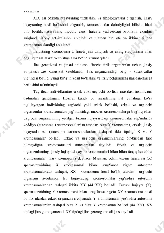 ma xromosomalaridan tashqari ikkita xx (44+xx) bo‘ladi. tuxum hujayra (x), spermatazoidning y xromosomasi bilan urug‘lansa zigota xy xromosoma hosil bo‘lib, ulardan erkak organizm rivojlanadi. y xromosomalar yig‘indisi autosoma xromosomalardan tashqari bitta x va bitta y xromosoma bo‘ladi (44+xy). xx tipdagi jins gomogametali, xy tipdagi jins geterogametali jins deyiladi. jins bo‘yicha ajralish monogibrid duragaydagi tahliliy chatishtirishning ajralish nisbatiga o‘xshaydi. ya’ni 1:1 bo‘ladi. bunda chatishtirilayotgan formalardan biri retsissiv genlar (aa) bo‘yicha gomozigota, ikkinchisi geterozigota (aa) dir. bu esa jinsiy xromosomalardagi xx va xy nisbatlarga mos keladi. xx va xyxromosomalar konyugatsiyalanganda, xx, xy, xx, xy tiplar hosil bo‘lib, 50% erkak va 50% urg‘ochi demakdir. umuman odam, hayvon, o‘simliklarda jins 1:1 nisbatda hosil bo‘ladi (50% erkak 50% urg‘ochi). erkak jins % xisobida odamda 52 qoramolda 52 qo‘yda 50 cho‘chqada 52 otda 52 nashada 50 odamda tug‘ilgan har 100 ta qiz chaqaloqqa 106 ta o‘g‘il chaqaloq to‘g‘ri keladi. bu nisbat ba’zan o‘zgarib turadi, bolalikda 100 …