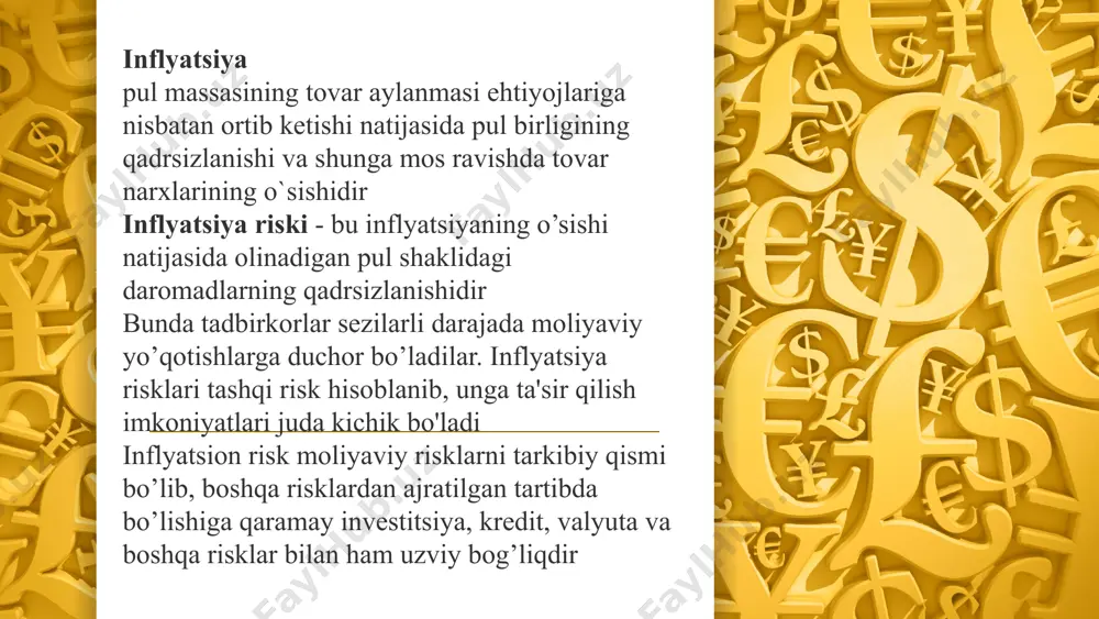 holda, daromadlilikning real stavkasi bu – nominal foiz stavkasi va inflyatsiya o‘rtasidagi farq deb taxmin qilishimiz mumkin bo‘lib, bizning misolimizda bu ko‘rsatkich 3%ga teng bo‘lar edi. umuman olganda, bu ham to‘g‘ri bo‘ladi. lekin, shunday bo‘lsada, bu yerda ayrim holatlarni inobatga olmoq lozim. daromadlilikning real stavkasi, nominal foiz stavkasi va inflyatsiya darajasining nisbati aks etgan umumiy formula quyidagi ko‘rinishga ega: 1 + ir = yoki, mos ravishda, ir = bu yerda: ir – daromadlilikning real stavkasi; in – nominal foiz stavkasi; id - inflyatsiya darajasi. 8 agar nominal foiz stavkasi yillik 8%ni tashkil etsa, iste’mol narxlari indeksi o‘zgarishiga proporsional tarzda o‘zgaruvchi inflyatsiya darajasi esa yillik 5% bo‘lsa, daromadlilikning real stavkasi qanday bo‘ladi? ichki hissiyotga suyangan holda, daromadlilikning real stavkasi bu – nominal foiz stavkasi va inflyatsiya o‘rtasidagi farq deb taxmin qilishimiz mumkin bo‘lib, bizning misolimizda bu ko‘rsatkich 3%ga teng bo‘lar edi. umuman olganda, bu ham to‘g‘ri bo‘ladi. lekin, shunday bo‘lsada, bu …