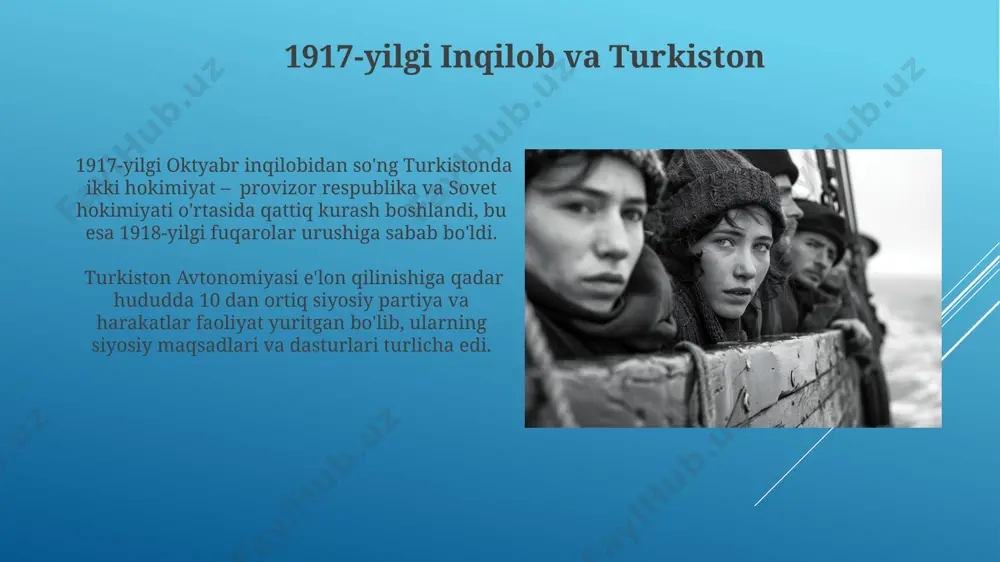 minan 4 million kvadrat kilometrni egallagan bo'lib, bu zamonaviy o'zbekiston, qozog'iston, qirg'iziston, tojikiston va turkmaniston davlatlarining katta qismini o'z ichiga olgan. hududning katta qismi markaziy osiyoning cho'l va yarim cho'l zonalariga to'g'ri kelib, amalda 1500 metrdan yuqori balandlikdagi tog'li hududlar ham mavjud bo'lgan. ichki ziddiyatlar va muammolar turkiston avtonomiyasi davrida siyosiy partiyalar o'rtasidagi kuchli raqobat, jumladan, 5 ta yirik partiyaning mavjudligi, siyosiy tizimning zaifligini va ichki ziddiyatlarning kuchayishini aks ettirdi. millatlararo ziddiyatlar, xususan, qozoqlar va o'zbeklar o'rtasidagi yer va suv resurslari uchun raqobat, avtonomiya hududida 100 ga yaqin to'qnashuvlarni keltirib chiqardi. davlat qurilishi va siyosiy tuzuv turkiston avtonomiyasi davrida 3 ta viloyatga boʻlingan hududiy-maʼmuriy tuzum mavjud boʻlib, har bir viloyatda 5 dan ortiq tumanlar faoliyat yuritgan. milliy kengash, 1917-yilgi inqilobdan soʻng vujudga kelgan va 1920-yillar boshlarigacha faoliyat koʻrsatgan, qonun chiqaruvchi organ boʻlgan. e'tiboringiz uchun rahmat @taqdimot_robot image1.jpg image2.jpg image3.jpg image4.jpg image5.jpg image6.jpg image7.jpg image8.jpg image9.jpg image10.jpg image11.jpg image12.jpg image13.jpg image14.jpg …