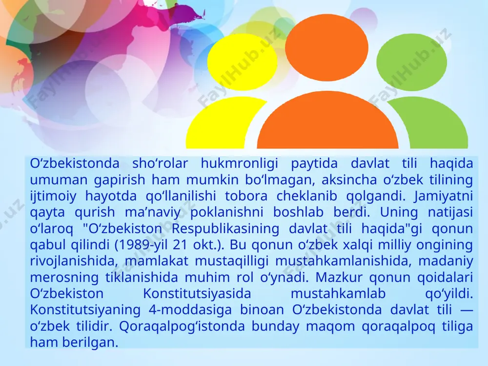 ida”gi (2021-yil 16-mart) 144-sonli qarori qabul qilindi. bu oʻz vaqtida va oqilona qabul qilingan qaror boʻlib, oʻzbek tilining davlat tili sifatidagi mavqeyini mustahkamlash yoʻlida yana bir muhim qadam boʻladi. ushbu qarorda oʻzbekistonda savdo, ishlab chiqarish va xizmat koʻrsatish obyektlariga nom berish (neyming) xizmatini tizimli yoʻlga qoʻyilishi koʻzda tutilgan. * 5_slide 2