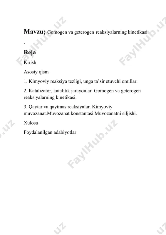 ishi kuzatiladi: h2so4 q na2s2o3 q na2so4 q h2o q so2 q s geterogen sistemalarda esa, sistemani tashkil etuvchi fazalar sirtidagina reaksiya amalga oshadi. masalan, metallning kislotada erishi: fe q h2so4 q feso4 q h2 bu reaksiya fakat metall sirtida sodir bo’ladi, chunki reaksiyaga kirishuvchi ikkala modda shu sirtda bir biri bilan tuknashadi. gomogen reaksiya tezligi geterogen reaksiya tezligidan fark kiladi va ular xar xil aniklanadi. gomogen reaksiyaning tezligi reaksiyaga kirishayetgan yoki xosil bulayetgan moddalardan birortasining konsentratsiyasini vakt birligi ichida uzgarishi bilan aniklanadi. geterogen reaksiyaning tezligi esa vakt birligi ichida faza sirtining yuza birligida reaksiyaga kirishgan yoki xosil bo’lgan moddalarning mikdori bilan aniklanadi. gomogen reaksiya tezligini matematik usulda kuyidagicha ifodalanadi. vgomogen = c/ t geterogen reaksiya tezligi: vgeterogen = n/s* t har qanday reaksiyaning tezligi reaksiyaga kirishuvchi moddalarning tabiatiga, konsentrasiyasiga, haroratga, qattiq moddalarning sirt yuzasiga va maydalanish darajasiga, bosimga, katalizatorning ishtirok etish-etmasligiga bog'liq bo'ladi. reaksiyaga kirishuvchi moddalar tabiatining reaksiya tezligiga …