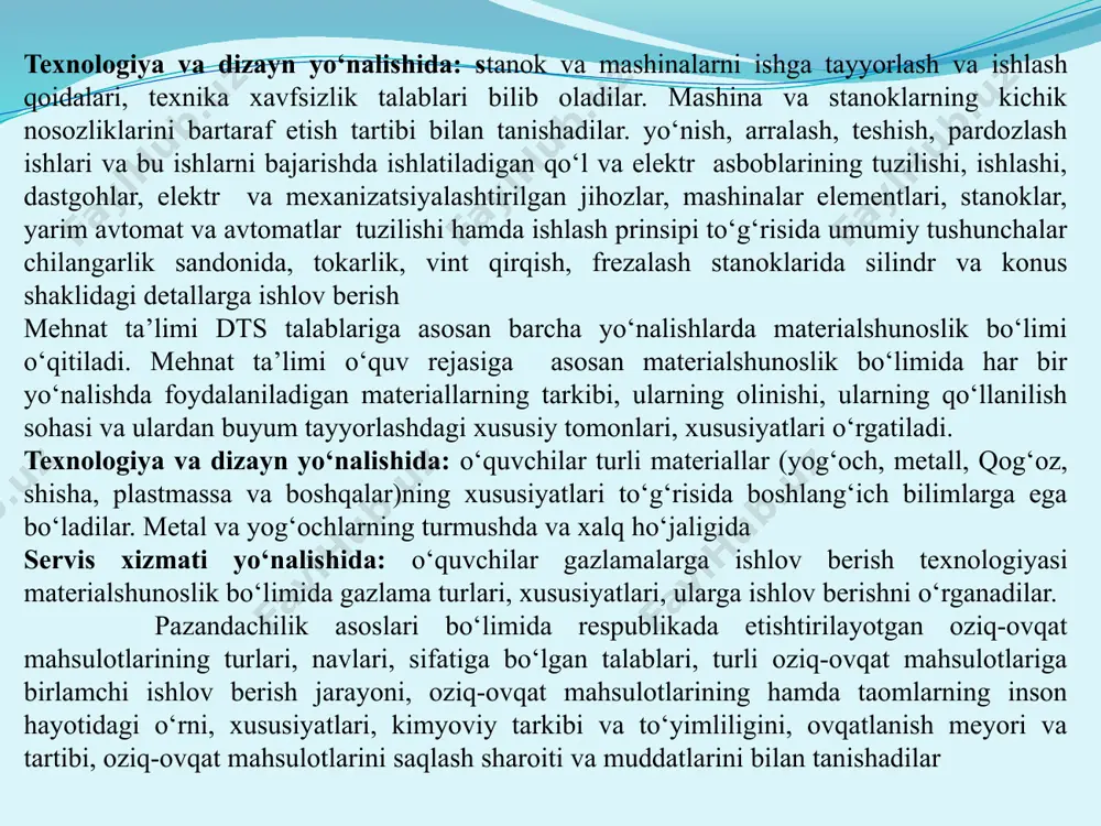 niq qismlarga ajratish, o‘quvchi faoliyatini algoritmlash; baholash mezonlari haqidagi ma’lumotlarni o‘quvchilarga oldindan yetkizib qo‘yish; yakuniy baholash maqsadlari majmuasining ta’lim-tarbiya jarayoni ti-zimi maqsadlari bilan to‘liq muvofiq bo‘lishligini ta’minlash; ta’lim-tarbiya jarayonining oraliq maqsadlar bo‘yicha bo‘laklarga bo‘linganligiga va bu maqsadlarning yakuniy natijalar bilan muvofiq-lashtirilganligiga erishish; oraliq baholashlarda o‘quvchi erishgan natijalarning aniq va pi-shiq bo‘lishligiga erishish; ta’lim-tarbiya jarayoni bosqichlarini tahrirlashda joriy baholash natijalalaridan vosita sifatida keng foydalanish; jarayonni tahrir etishda uning o‘quvchi yo‘l qo‘yayotgan xatoliklarga emas, balki har bir o‘quvchiga nisbatan uyushtirilayotgan ta’lim-tarbiya jarayonini tashkil etish usulini o‘zgartirishga yo‘naltirilgan bo‘lishli-giga erishish; ta’lim-tarbiya jarayonini tashkil etish usulini tanlash va uni almashtiraverish mumkinligi erishish; ta’lim-tarbiya jarayoniga interaktiv usullarini kengroq jalb etish; ta’lim-tarbiya jarayoni uchun yoqimli psixologik muhit yaratish; pedagogik jarayonning purra va yakunlangan bo‘lishligiga erishish. bunga o‘xshash masalalarni hal etishda xx asrning 70 – 80-yillarida, ayniqsa, amerika qo‘shma shtatlarining pedagog-olimlari juda katta yutuqlarga erishishdi. ular ishlab chiqqan va keng ko‘lhamda sinab ko‘rish mobaynida amalda o‘zini har …