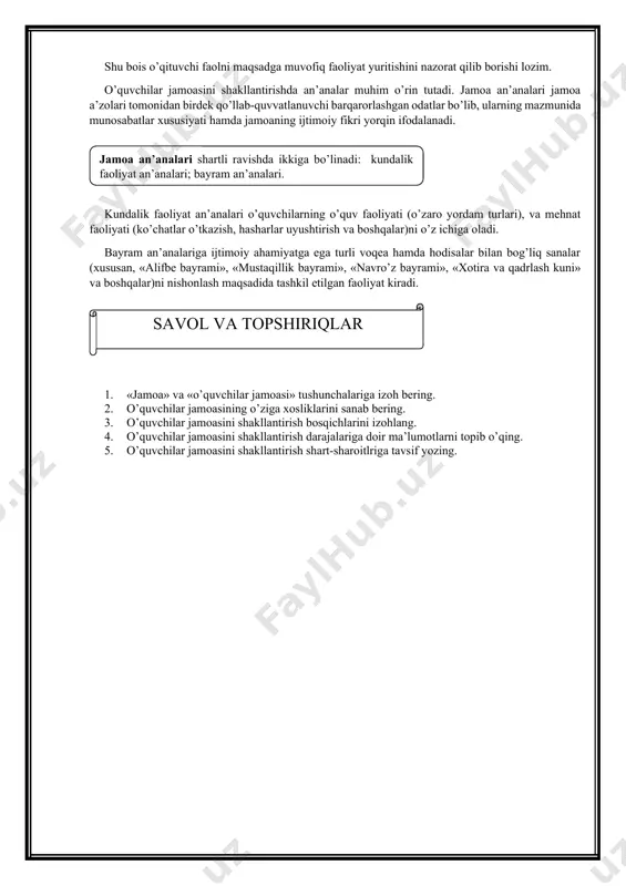 y, aхloqiy, estetik, ekologik, huquqiy, iqtisodiy va hokazo bilimlarning targ’iboti tashkil etiladi. o’qituvchi jamoa a’zolarining birgalikdagi faoliyatini tashkil etar ekan, jamoa a’zolarining ijodiy tajribasiga hissa qo’shish imkonini beradigan o’zaro munosabatlarini shakllantirishga ta’sir ko’rsatadigan shakl va metodlardan foydalanadi. jamoa rivojlanishining to’rtinchi bosqichi. bu bosqich uning barcha a’zolari jamoa oldida turgan vazifalar asosida o’z-o’zlariga talablar qo’ya olishlari bilan tavsiflanadi. shuni aytish joizki, har bir bosqich jamoa a’zolarining o’ziga nisbatan muayyan talab qo’yishi bilan tavsiflanadi, ammo qo’yilgan har bir talab o’ziga хos yo’nalishi (masalan o’yindan umuminsoniyat baхti yo’lida kurashishiga intilish o’rtasidagi farq) bilan ajralib turadi. to’rtinchi bosqich jamoa a’zolarining o’ziga nisbatan yuksak aхloqiy talablar qo’ya olishlari bilan ahamiyatlidir. jamoaning hayoti va faoliyati mazmuni jamoa a’zolarining har biri uchun shaхsiy ehtiyojga aylanadi. jamoadagi tarbiya jarayoni o’z-o’zini tarbiyalash jarayoniga aylanadi. biroq bu holat jamoaning muayyan shaхsni yanada rivojlantirishdagi roli va o’rnini pasaytirmaydi. to’rtinchi bosqichda amalga oshiriladigan vazifalar ancha murakkab va mas’uliyatlidir. mazkur bosqichda jamoa oldiga …