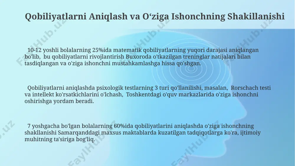 tning ijobiy roli aniq ko'rinib turibdi. samarqanddagi 50 nafar iqtidorli bolaning 70%i tengdoshlari bilan bo'lgan munosabatlarida ijtimoiy moslashuv qiyinchiliklarini boshdan kechirganligi kuzatildi, bu esa ularning motivatsion sohasining rivojlanishiga salbiy ta'sir ko'rsatdi. farg'onadagi maktablarda o'tkazilgan 10 yillik kuzatuvlar shuni tasdiqladiki, ijtimoiy jihatdan qulay muhitda tarbiyalangan iqtidorli bolalarning 85%i yuqori motivatsiyaga ega bo'lib, o'z qobiliyatlarini to'liq ro'yobga chiqarishga intiladi. raqobat va hamkorlikning ahamiyati 2000-yillardan boshlab o'zbekiston maktablarida 5-sinfdan boshlab raqobat va hamkorlikka asoslangan o'quv usullari 30% ga ko'paydi, bu akademik natijalarga ijobiy ta'sir ko'rsatdi. samarqanddagi tadqiqotlar shuni ko'rsatdiki, 70% o'quvchilarda hamkorlik muhitida 2 baravar ko'proq murakkab topshiriqlarni bajarishga qiziqishi kuchaydi. jahon miqyosidagi ta'lim tizimlari tahlili shuni ko'rsatadiki, raqobat va hamkorlikning optimal nisbati 40/60 foiz bo'lganda, o'quvchilarning motivatsiyasi 15% ga oshadi. tashqi muhitning taʼsiri: oila va maktab toshkentdagi 5-maktabda oʻtkazilgan tadqiqot shuni koʻrsatdiki, ota-onalarning yuqori taʼlimga boʻlgan munosabati bolaning oʻziga boʻlgan ishonchini 30% ga oshiradi va oʻz maqsadlariga erishish motivatsiyasini kuchaytiradi. oʻzbekistonning 70% …