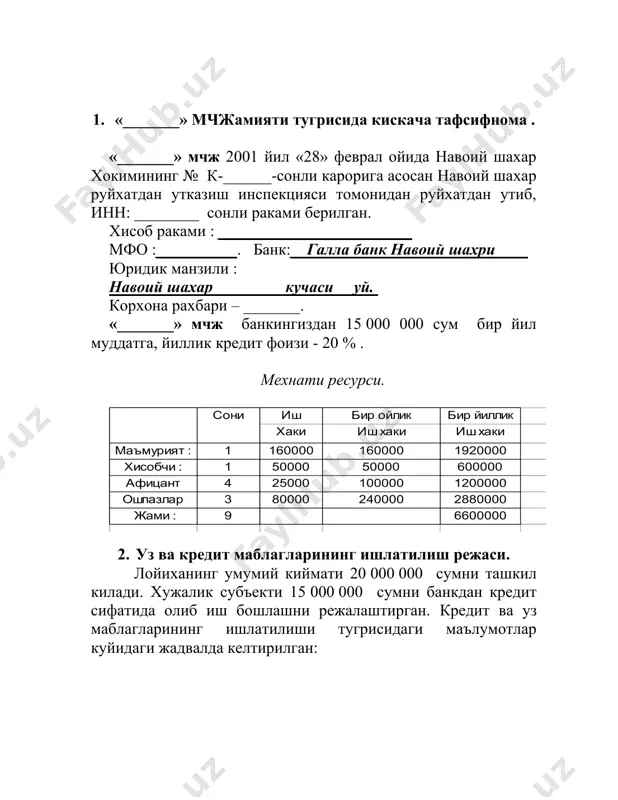 % 1920 480,0 хисобчи 13% 600 78,0 афициант 13% 1200 156,0 ошпазлар 18% 2880 518,0 2ажратмалар : 1749,0 иштимоий сугирта 24% 1584,0 сугирта бадали 2,5% 165,0 жами иш хаки ажратмалар 8349,0 8349 3 ягона солик тулови 10% (йиллик оборот 60 000 000) 6000,0 4курилиш материаллари харид килиш 20000 150005000 транспорт харажатлари (310х15) 2650 2650 электро энергия ( 310х40х42) 3101 3101 табий газ (310х25х23) 40100 жами харажатлар 15000 кузда тутулмаган харажатлар 2560 2560 хаммаси 1500028260 ш.ж №харажат турларисумма (минг сум) кайтариш даври асосий карзни кайтариш фоизни тулаш 20% жами туланган сумма асосий карздан колган колидик биринчи йил бошига 15000000 биринчи ой 250000 250000 15000000 иккинчи ой 250000 250000 15000000 учинчи ой 250000 250000 15000000 туртинчи ой 250000 250000 15000000 бешинчи ой 250000 250000 15000000 олтинчи ой 250000 250000 15000000 еттинчи ой 250000 250000 15000000 саккизинчи ой 250000 250000 15000000 туккизинчи ой 250000 250000 15000000 унинчи ой 5000000 250000 5250000 10000000 ун …
