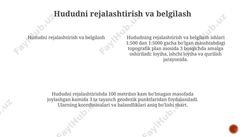dan kam bo'lmagan aniqlik talab etiladi. markaziy o'qlar 2 ta tayanch nuqtasi orqali belgilanib, ularning joylashuvi geodezik asboblar bilan nazorat qilinadi. inshootlarning o'qlarini o'rnatish va nazorat qilish o'qlarni nazorat qilish har 3-4 qavat qurilgandan so'ng amalga oshiriladi. vertikal o'qdan og'ishlar 10 metrdan yuqori binolar uchun 10 mm dan oshmasligi kerak. geodezik nazorat jurnali yuritiladi. e'tiboringiz uchun rahmat @taqdimot_robot image1.png image2.png image3.png image4.png image5.png image6.png