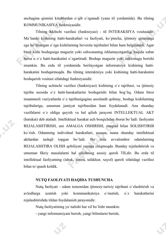 azifasi bilan to`qnash keldik. nutq faoliyati haqida tushuncha nutq faoliyati - odam tomonidan ijtimoiy-tarixiy tajribani o`zlashtirish va avlodlarga uzatish yoki kommunikatsiya o`rnatish, o`z harakatlarini rejalashtirishda tildan foydalanish jarayonidir. nutq faoliyatining yo`nalishi har xil bo`lishi mumkin: - yangi informatsiyani berish, yangi bilimlarni berish; - aqliy masalani echish. til aloqa vositasi yoki quroli, nutq faoliyati esa aloqa jarayonining o`zidir. psixologiya nutqni o`rganar ekan, har turli sharoitlarda, har xil muammoli vaziyatlarda tildan foydalanish xususiyatlarini aniqlaydi, inson hatti-harakatini rejalashtirishda tilning rolini o`rganadi, bolalarda aloqa (kommunikatsiya) jaryonining tarkib topish yo`llarini va shu kabilarni tahlil qiladi. nutq faoliyatining turlari nutq faoliyatini turli belgilar asosida klassifikatsiya qilish mumkin. 1. nutqning psixofiziologik mexanizmi bilan bog`liq bo`lgan murakkablik darajasiga ko`ra: xoroviy nutq; exologik (oddiy takrorlash) nutqi; atash nutqi; kommunikativ nutq. nutq faoliyatida rejalashtirishning (programmalashtirishning) roli bo`yicha: faol nutq; reaktiv nutq. nutqning ixtiyoriyligi bo`yicha: ixtiyoriy; beixtiyor (impul’siv) nutq nutqning eksteriorizatsiyalashgan yoki interiorizatsiyalashganligiga ko`ra: tashqi nutq; ichki nutq yuqorida ko`rsatilganlardan bir …