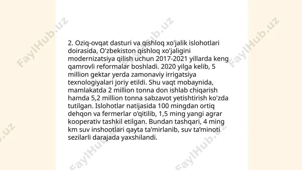 ishchi kuchining 78% ini ish bilan taʼminladi. auyl tadbirkorligini rivojlantirish dasturi orqali 5000 dan ortiq loyiha moliyalashtirildi. ... t.me/slaydai_bot bank-moliya tizimining modernizatsiyasi, asosan raqamli texnologiyalarni joriy etish va moliyaviy xizmatlarni optimallashtirish bilan bog‘liq. 2022 yilda o‘zbekistonda banklarning raqamli transformatsiyasi natijasida mobil banking foydalanuvchilari soni 12 millionga yetdi. shu bilan birga, internet orqali amalga oshirilgan bank operatsiyalari hajmi 2019 yilga nisbatan 65 foizga o‘sdi. 2023 yilga kelib, o‘zbekiston markaziy banki tomonidan 30 dan ortiq litsenziyalangan to‘lov xizmatlari taqdim etilmoqda. modernizatsiya jarayonida blockchain texnologiyalari va sun’iy intellekt tizimlari moliyaviy jarayonlar samaradorligini oshirish maqsadida keng joriy qilinmoqda. 2025 yilga kelib, raqamli to‘lovlar ulushi 50 foizga ko‘tarilishi kutilmoqda. ... t.me/slaydai_bot 10. transport va kommunikatsiya infratuzilmasini rivojlantirish transport va kommunikatsiya infratuzilmasini rivojlantirishda avtomobil yo‘llari uzunligi 2023-yilda 200 ming kilometrga yetgan. temir yo‘l tarmog‘ining uzunligi 7 ming kilometrni tashkil etadi. havo transportida yo‘lovchi tashish imkoniyati yiliga 35 million kishiga yetdi. telekommunikatsiya sohasida 5g texnologiyasi joriy etilib, …