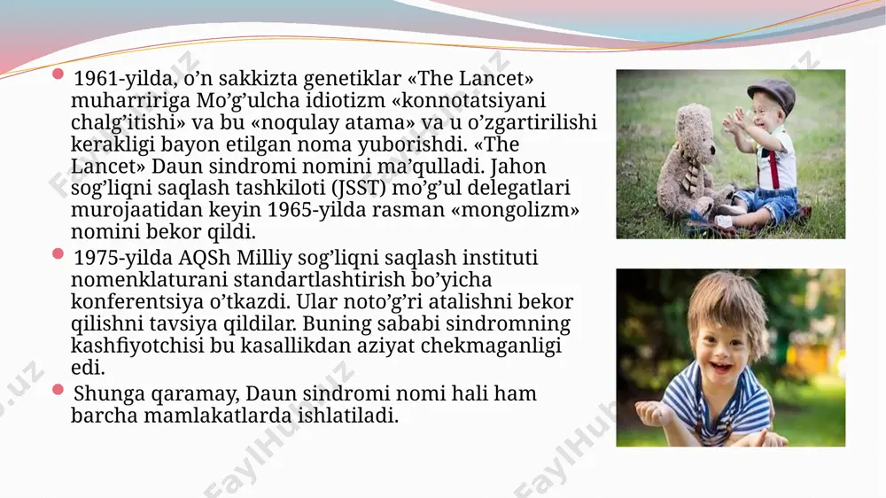 ishonch komil bo’lganda onalar homiladorlikni to’xtatish qarorini qabul qilishi kerakligi haqida gapiradi: afsuski, bunday nogiron kishilarni parvarishlash insonning sa’y-harakati, rahm-shafqati, energiyasi va boshqa resurslari, shu jumladan, iqtisodiyot jihatdan juda qimmatga tushadi… bolalari bo’lmagan odamlar, dastavval boshqalarga bunday yukni yuklashga haqli ekanliklarini o’ylashlari kerak, hatto ularning o’zlari bu yukning bir qismini ko’tarishga qaror qilishsa ham. davolash daun sindromini davolab bo’lmaydi, biroq bemorlarga ijtimoiy va boshqa ko’nikmalarni orttirishga yordam beradigan ko’plab uslublar mavjud. ammo olimlar medikamentoz vositalarni o’rganishni chetga surib qo’yishmagan. bunday vositalarning eng so’nggilariga misol qilib ko’k choyda mavjud bo’lgan epigallokatexin gallat moddasidir. bemorlardagi kognitiv buzilishlar dyrk1a geni ishlab chiqaradigan mahsulot bilan bog’liq deb hisoblanadi. yuqoridagi modda esa sichqonlarda o’tkazilgan tajribada mazkur genning ekspressiyasiga olib kelib, xotira va o’rganishni yaxshilashini ko’rsatdi. lekin bunday tajribalarning yordam berishi isbotlanmagan. bugungi kunda daun sindromi bo’lgan shaxslarning umr ko’rish davomiyligi uzaygan bo’lib, bu muddat 50 yildan oshadi. ushbu sindromga ega bo’lgan ko’p odamlar turmush quradilar. …