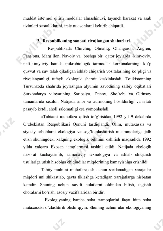 ika vositalari atrof-muhitni zararli chiqindilar bilan ifloslanishini istisno etishga to’la imkon bermayotgan hozirgi vaqtda atrof-muhitning kishilar, hayvonlar va o’simliklar dunyosi uchun xavfsizligini kafolatlovchi standartlarni ishlab chiqish muhim ahamiyatga ega. ularni ishlab chiqishda standartlar xalqaro tashkiloti, uning qumitalari va ba‘zi mamlakatlarning standartlash idoralari muhim rol o’ynaydi. sog’liqni saqlash xalqaro tashkiloti (voz) insonni sog’liqni saqlash darajasini nazorat qilish uchun xalqaro xizmat yaratildi. nazorat stantsiyalarining tarmog’i respublika miqyosida, atrof-muhitning ifloslanishi, iqtisodiyot va urbanizatsiya darajasi bilan belgilanadi. o’zbekistonda atmosfera havosining, suv havzalari va tuproqning holati atrof-muhit ifloslanish darajasini kuzatish va nazorat qilish umumdavlat xizmati barpo etilgan. davlat sanitariya nazorati xizmati, gaz tozalash va chang tutish qurilmalari ishini nazorat qilish bo’yicha davlat inspektsiyasi, regional inspektsiyalar, idoralar, korxonalar, korxonalardagi sanitariya laboratoriyalari va boshqa xizmatlar tomonidan nazorat qilinadi. tashqi muhitni nazorat qilish va kuzatish davlat xizmatiga o’zbekiston respublikasi gidrometeorologiya va tabiiy muhitni nazorat qilish davlat qumitasi boshchilik qiladi. mazkur qumita qoshida atmosfera havosini ifloslanishdan muhofaza qilish bo’yicha …