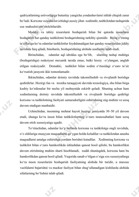 r turidir, u maxsus vazifalarni bajarishni va mazkur faoliyat bilan shug‘ullanadigan kishilarda alohida sifatlarning bo‘lishini talab qiladi. inson resurslarini boshqarish quyidagi maqsadlarga ega bo‘lishi mumkin: inson resurslaridan samarali foydalanish; tashkilot xizmatchilari o‘rtasida yaxshi mehnat munosabatlarini shakllantirish; jamoada yaxshi ijtimoiy-ruhiy muhitni saqlab turish; har bir shaxsning mukammal ravishda rivojlanishini ta’minlash. ushbu maqsadlarga erishish uchun quyidagi talablar bajarilishi lozim: birinchidan funksional vazifalari aniq belgilangan, qobiliyatli insonlarni ishga olish lozim, buning uchun malakaviy xarakteristikalar ishlab chiqilishi kerak; ikkinchidan insonlarning imkoniyatlarini samarali tadqiq etish; uchinchidan maqsadlarni bajarish uchun mehnat qilishga tayyorlikni qo‘llab-quvvatlash. o’qitish, malaka оshirtirish, qayta o’qitish shartnoma tuzish, ish haqi va imtiyozlarni belgilash 2. boshqaruv va strategiya haqida tushuncha. boshqaruv – jarayonning xususiyatlarini yaxshilash va natijalarga erishish uchun jarayon ishtirokchilariga ta’sir ko‘rsatish, rejalashtirish, prognozlash, tashkil etish, motivatsiya, muvofiqlashtirish va nazorat qilishni o‘z ichiga oladi. boshqaruv – tanlash, qaror qabul qilish va uning bajarilishini nazorat qilish jarayonidir. korxonani boshqarishning mohiyati bir kishining yoki kishilar …