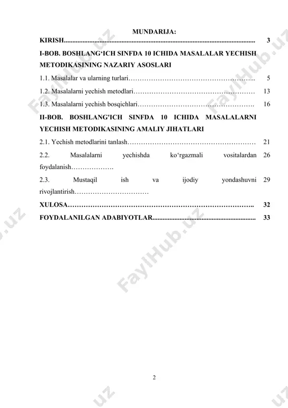 ayniqsa masalalarni yechishga oid topshiriqlar orqali samarali amalga oshiriladi. shuning uchun ham, 10 ichida masalalarni yechish bo‘yicha metodlardan foydalanish bugungi zamonaviy pedagogik jarayonda o‘z dolzarbligini saqlab qolmoqda. o‘zbekistonda umumiy o‘rta ta’limning sifatini oshirish, matematik tayyorgarlikni mustahkamlash, o‘quvchilarning amaliy bilim va ko‘nikmalarini rivojlantirish bo‘yicha amalga oshirilayotgan islohotlar bu mavzuning dolzarbligini yanada oshiradi. jumladan, prezidentning so‘nggi yillarda qabul qilgan qaror va farmonlarida boshlang‘ich ta’limda o‘quvchilarning mantiqiy va ijodiy tafakkurini rivojlantirishga katta e’tibor qaratilmoqda. bu esa o‘qituvchilardan yangicha metodik yondashuvlarni talab etadi. shu bois, 10 ichida masalalar yechish metodlarining ilmiy-nazariy asoslarini o‘rganish va ularni amaliyotda to‘g‘ri qo‘llay bilish, boshlang‘ich ta’lim sifatini oshirishda muhim ahamiyat kasb etadi. mazkur mavzuni o‘rganish orqali o‘quvchilarning arifmetik bilimlari bilan birga, fikrlash madaniyati, xotira, kuzatuvchanlik, diqqat va mustaqil ishlash qobiliyatlarini ham rivojlantirish mumkin. kurs ishining maqsadi. boshlang‘ich sinf matematika darslarida 10 ichida masalalar yechish metodlaridan samarali foydalanish yo‘llarini ilmiy-nazariy va amaliy jihatdan o‘rganish, mavjud metodik yondashuvlarni tahlil qilish va …