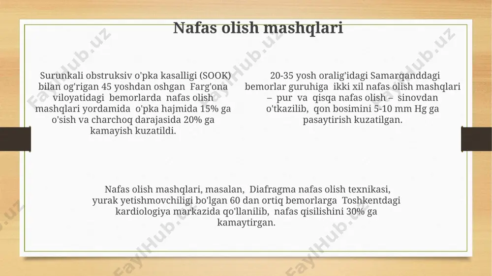 n bemorlarga terapevtik mashqlar dasturi (yuqori intensivlikdagi intervallarni o'z ichiga olgan) buyuriladi. arterial gipertenziyada nafas olish mashqlari, masalan, diafragma nafas olish texnikasi, qon bosimini 5-10 mm hg ga pasaytirishi va 20 kishidan iborat guruhda o'tkazilgan toshkentdagi tadqiqotlar bilan tasdiqlangan. samarqand viloyatida o'tkazilgan klinik tadqiqotlar shuni ko'rsatdiki, suv aero-biki arterial gipertenziyasi bo'lgan 50 dan ortiq bemorda diastolik qon bosimini 8-12 mm hg ga pasaytirishga yordam beradi. yurak-qon tomir kasalliklarida fizioterapiya qo'llanilishi qon bosimini nazorat qilishda, xususan, gipertenziya davolashda, 20-30 minutlik kundalik fizioterapiya mashqlari, jumladan, yurish va cho'zish mashqlari, toshkent shahridagi klinikalarda 80% bemorda ijobiy natijalarga olib keldi. surunkali yurak kasalliklarida, xususan, koronar arteriya kasalligi bo'lgan 30 dan ortiq bemorlarda fizioterapiya dasturiga suv ostida mashqlar kiritilishi, qon aylanishini yaxshilash va og'riqni kamaytirishda sezilarli darajada foydali bo'ldi. yurak yetishmovchiligi bilan og'rigan 65 yoshdan oshgan 150 bemorda o'tkazilgan samarqanddagi tadqiqotlar fizioterapiya mashqlari yurak ritmini yaxshilashda va nafas qisilishini kamaytirishda samarali ekanligini ko'rsatdi. yurak yetishmovchiligida …
