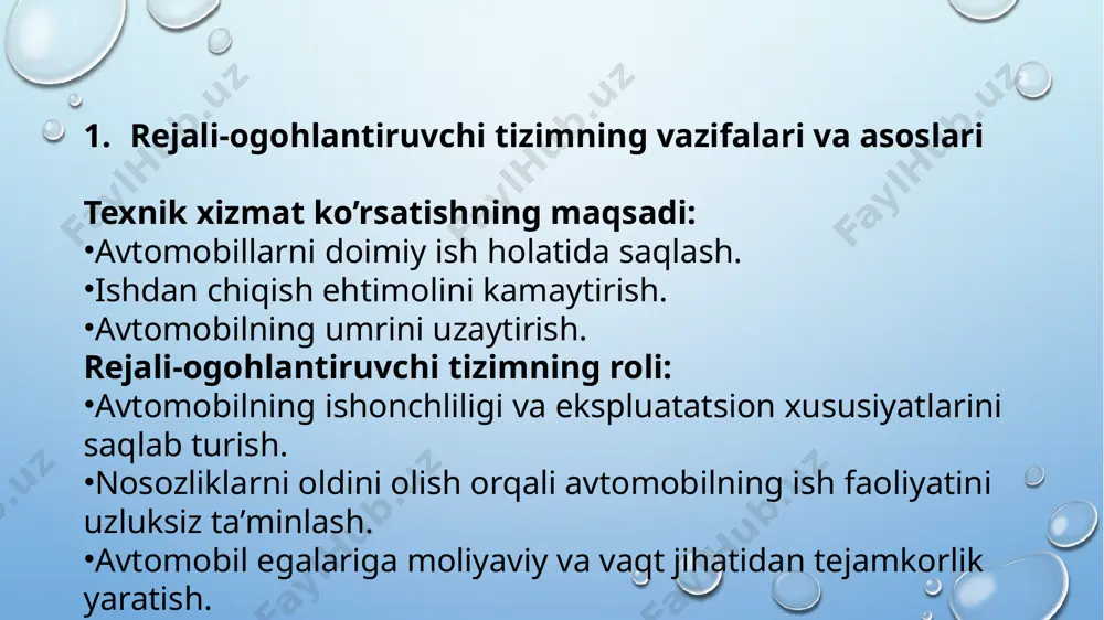 oma beradi. ushbu hujjatlar avtomobilning texnik holatini standartlashtirish va xavfsizlikni ta’minlash maqsadida ishlab chiqilgan. nizomning talablari: avtomobil egalariga talablar: avtomobil egalariga muntazam texnik xizmat ko’rsatish va ta’mirlashni amalga oshirish, shuningdek, avtomobilning texnik pasportini doimiy ravishda yangilab borish majburiyati yuklatiladi. texnik xizmat ko’rsatish markazlariga talablar: texnik xizmat ko’rsatish markazlari avtomobillarga sifatli xizmat ko’rsatish, zarur hujjatlarni to’g’ri yuritish va mijozlarga to’liq ma’lumot berishga majburdirlar. rejalashtirish va amalga oshirish tartibi: rejalashtirish: avtomobil egasi yoki texnik xizmat ko’rsatish markazi avtomobilning texnik holatiga qarab, texnik xizmat ko’rsatish va ta’mirlash ishlarini rejalashtiradi. amalga oshirish: texnik xizmat ko’rsatish va ta’mirlash ishlari belgilangan jadval asosida va zarur hujjatlar bilan birga amalga oshiriladi. texnik xizmat va ta’mirlash ishlarining turlari: oddiy texnik xizmat: avtomobilning ish faoliyatini doimiy ravishda saqlab turish uchun zarur bo’lgan asosiy texnik xizmat turi. majburiy texnik ko’rik: avtomobilning texnik holatini qonuniy talablarga muvofiq tekshirish uchun amalga oshiriladigan texnik ko’rik. kapital ta’mirlash: avtomobilning asosiy qismlarini ta’mirlash yoki almashtirishni …