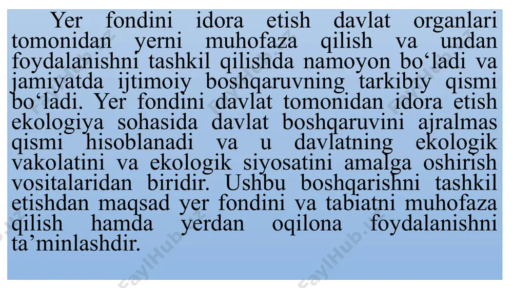 d boshqa qoida va tartiblarni tasdiqlashi va rozilik berishi tushuniladi. masalan, qishloq xo‘jalik korxona va tashkilotlari tuman hokimi tomonidan tasdiqlangan ichki yer tuzilish sxemalariga muvofiq yerdan foydalanishni amalga oshiradilar (yer kodeksining 13-moddasi). yer fondini boshqaruvni taqiqlash uslubi atrof muhitni muhofaza qilishni tashkil etishda keng qo‘llaniladi va yerlardan foydalanish yoki hududlarda ma’lum bir faoliyatni amalga oshirishni taqiqlash orqali man etishda ifodalanadi. alohida muhofaza etiladigan hududlarda yer egalari va yerdan foydalanuvchilarga ma’lum bir turdagi faoliyatlarni amalga oshirish taqiqlashdi. masalan, «alohida muhofaza etiladigan tabiiy hududlar to‘g‘risida»gi qonunning 23-moddasi va vazirlar mahkamasining 1992 yil apreldagi 174-sonli qarori bilan tasdiqlangan «o‘zbekiston respublikasidagi suv omborlari va boshqa suv havzalari, daryolar, magistral kanallar va kollektorlarning shuningdek, ichimlik suv va maishiy suv ta’minotining, davolash va madaniy-sog‘lomlashtirishda ishlatiladigan suv manbalarining suvni muhofaza qilish zonalari haqida»gi nizomga muvofiq suv muhofaza zonalarida daraxt va butazorlarni kesish, yoqilg‘i va moy qo‘yish shohobchalarini joylashtirish va ishlatish, zaxarli ximikatlarni qo‘llash, chorvachilik fermalarini joylashtirish va …