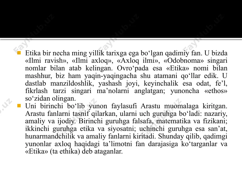 y tasavvurlarning muntazam kuchayib borishi esa oxir-oqibat o‘sha jamiyat yoki tuzumni tanazzulga olib keladi. albatta, har uchala axloqiy hodisa va ularning ziddi nisbiylikka ega. chunonchi, hozirgina misol keltirganimiz prokurorning axloqsizligi darajasi bilan o‘z yakka hukmronligi yo‘lida millionlab begunoh insonlarni o‘limga mahkum etgan lenin, stalin, hitler, pol pot singari shaxslar axloqsizligi orasida farq bor: agar prokurorning axloqsizligi bir millat yoki mamlakat uchun zarar qilsa, totalitar tuzum hukmdorlari xatti-harakatlari umumbashariy miqyosdagi fojialarga olib keladi. bu o‘rinda shuni alohida ta’kidlash joizki, axloqiy tarbiya natijasida odoblilik - xushxulqlilikka, xushxulq-lilik - yuksak axloqiylikka aylangani kabi, axloqiy tarbiya yo‘lga qo‘yilmagan joyda muayyan shaxs, vaqti kelib, odobsizlikdan - badxulqlilikka, badxulqlilikdan - axloqsizlikka o‘tishi mumkin. shunday qilib, axloqshunoslik mazkur uch axloqiy hodisani bir-biri bilan uzviylikda va nisbiylikda o‘rganadi. ana shu uch axloqiy hodisaning umumlashmasini, ya’ni mazkur fanimizning predmeti bo‘lgan umumiy tushuncha sifatida axloqni quyidagicha ta’riflash mumkin: axloq - barcha odamlar uchun birdek taalluqli hisoblangan, shaxs hayotidagi hamma sohalarda …